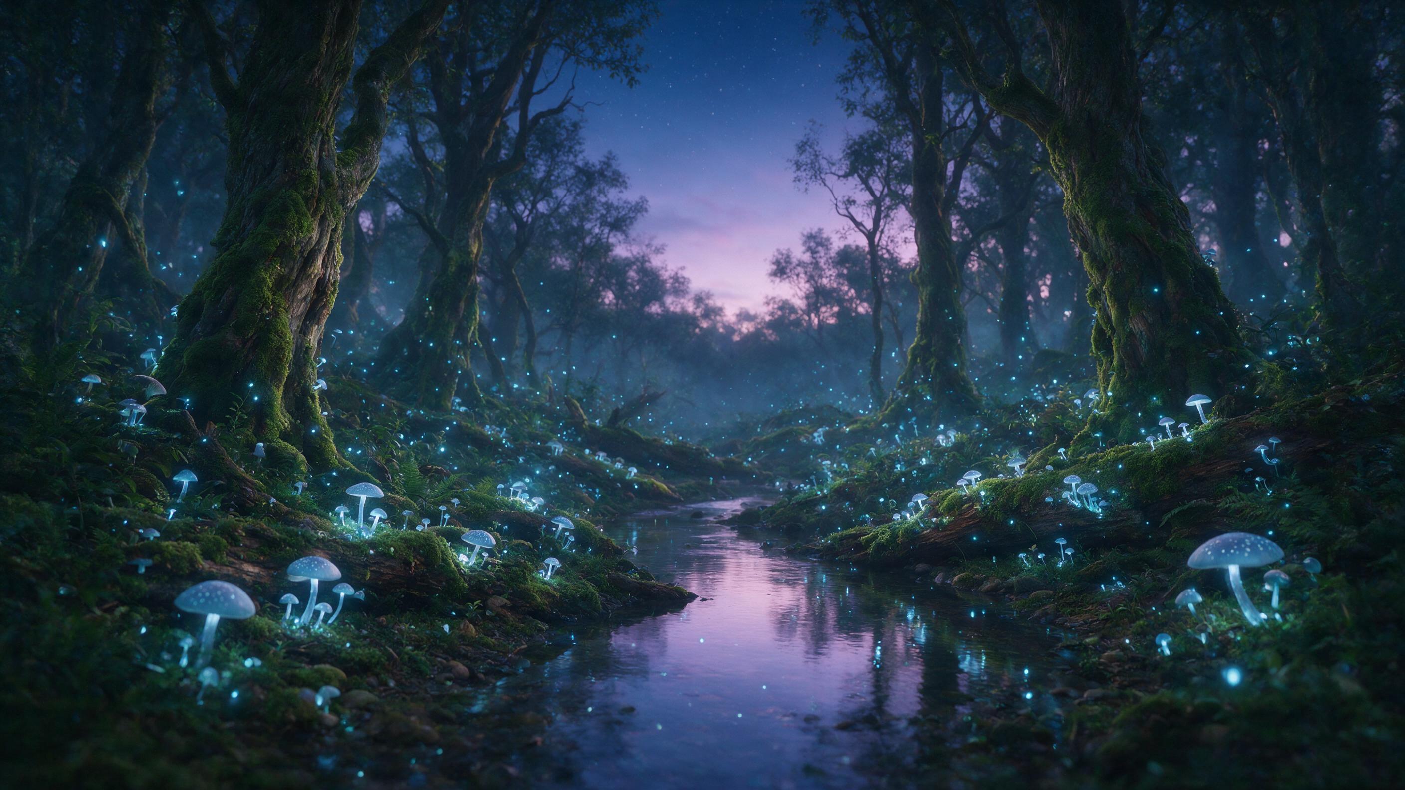 A luminous forest at twilight, glowing mushrooms and floating fireflies casting soft blue light, a misty stream winding through ancient mossy trees, ethereal atmosphere, soft focus, cinematic depth of field, natural color palette, slight haze, magical realism style