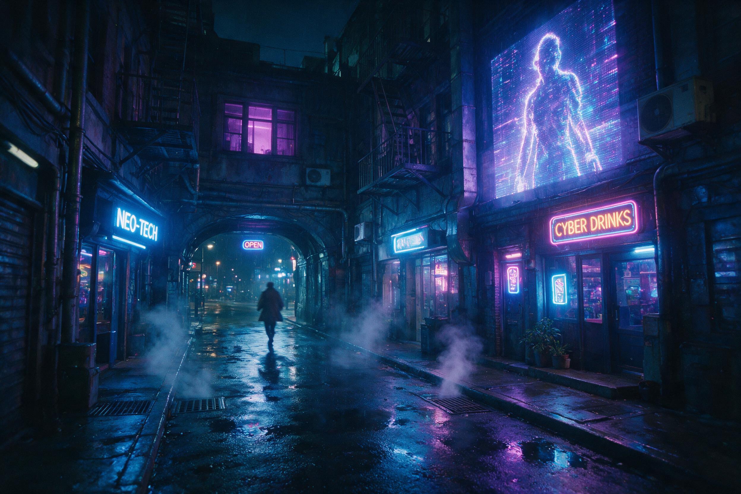 A neon-lit cyberpunk alleyway at midnight, rain-slicked asphalt reflecting holographic billboards, steam rising from grates, a lone figure in a trench coat walks away, slight motion blur, cool blue and magenta tones, cinematic lighting, shot on 35mm film with grain