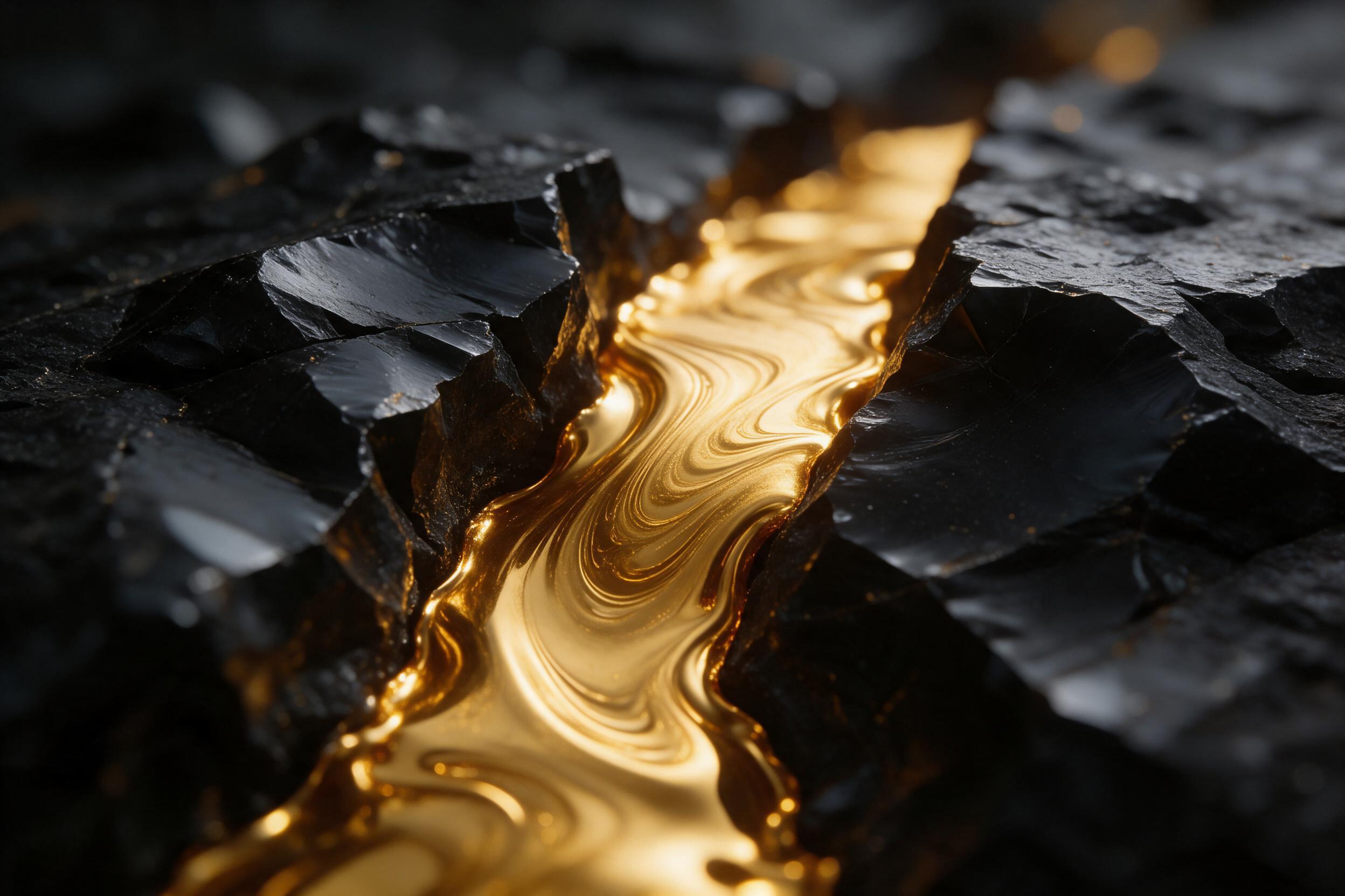 Molten gold liquid flowing through a dark obsidian crack, intricate swirl patterns catching warm rim light, macro lens, shallow depth of field with soft bokeh, high contrast, cinematic color grading, smooth texture detail, no text