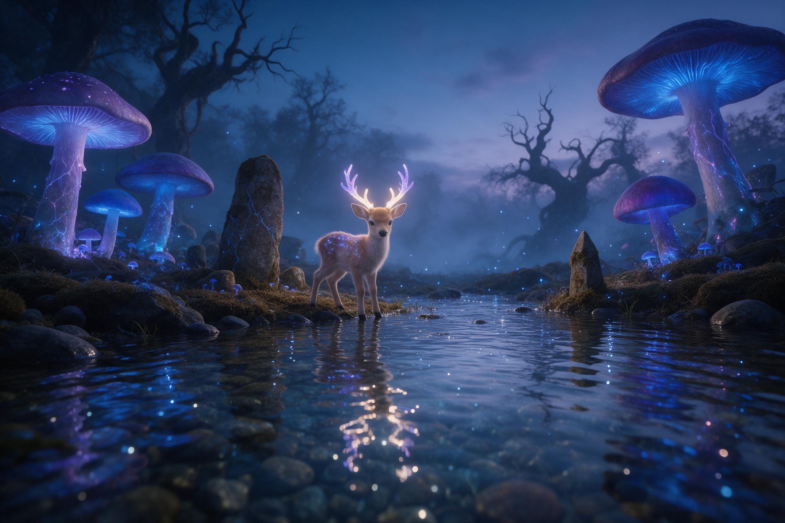 A bioluminescent forest at twilight, where giant glowing mushrooms cast soft blue and violet light on moss-covered ancient stones. A small fawn with luminous antlers stands beside a crystal-clear stream, its reflection shimmering. Distant silhouettes of twisted trees fade into mist. Low-angle compos