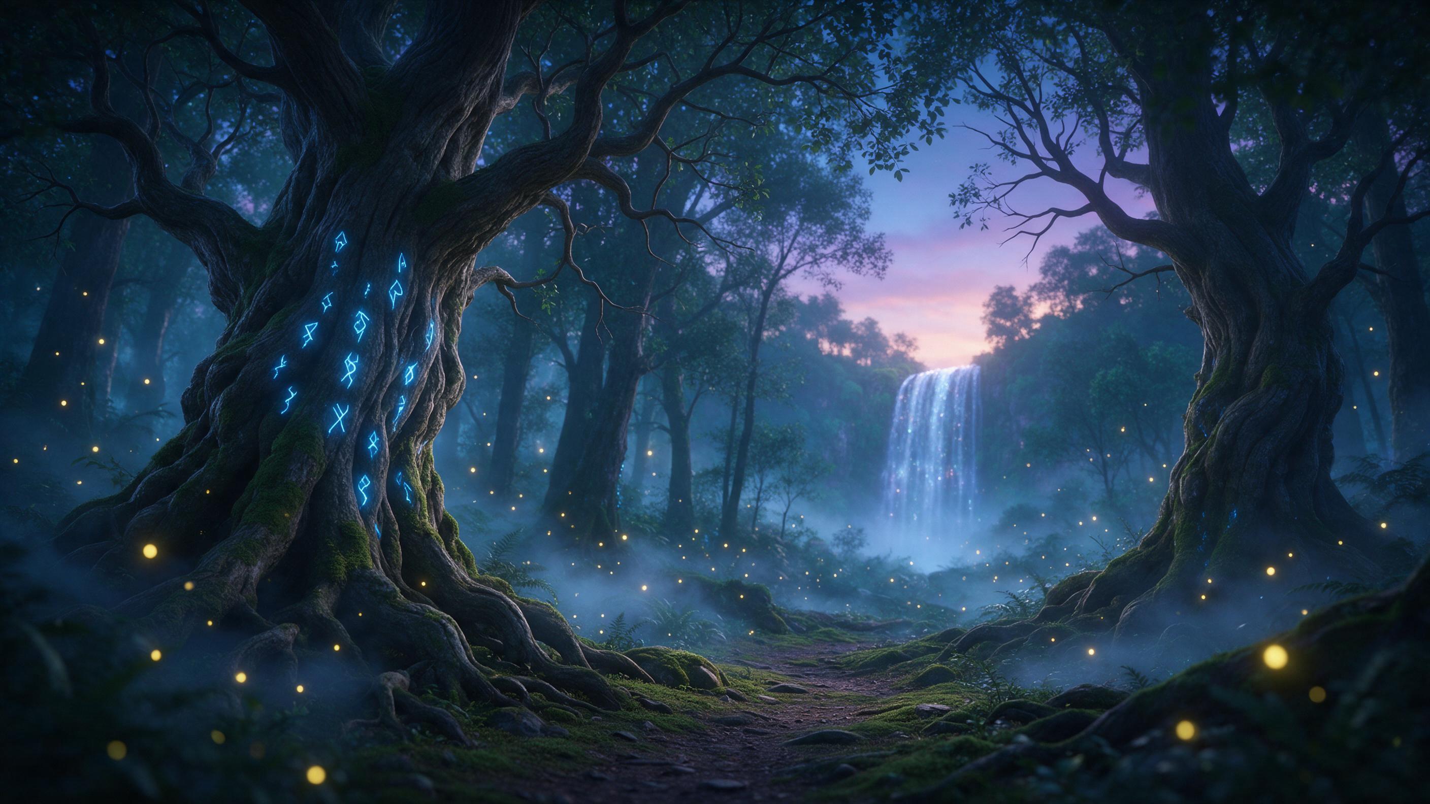 An ancient enchanted forest at twilight, colossal gnarled trees with glowing blue runes carved into bark, a narrow mossy path leading to a distant shimmering waterfall, fireflies drifting like sparks, mist swirling between roots, ethereal teal and violet palette, cinematic wide shot, soft diffused l