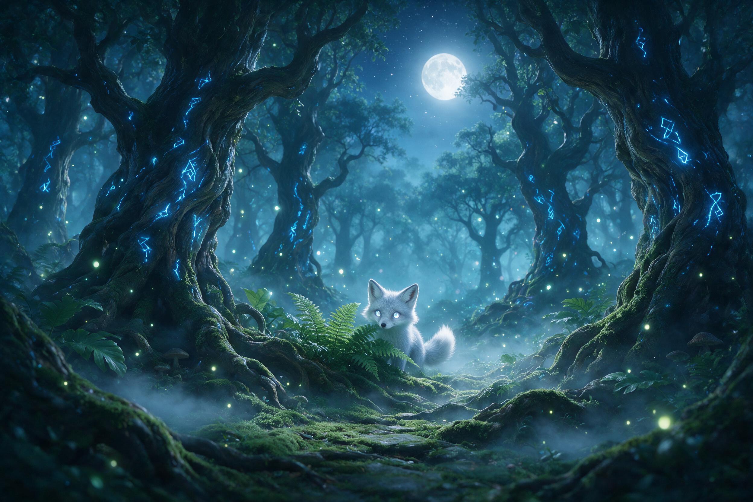 A moonlit enchanted forest, ancient gnarled trees with glowing blue runes, mist curling over mossy roots, a small silver fox with luminescent eyes peering from behind a fern, fireflies drifting in soft bokeh, cool blue and green palette, ethereal atmosphere, shallow depth of field focusing on the fo