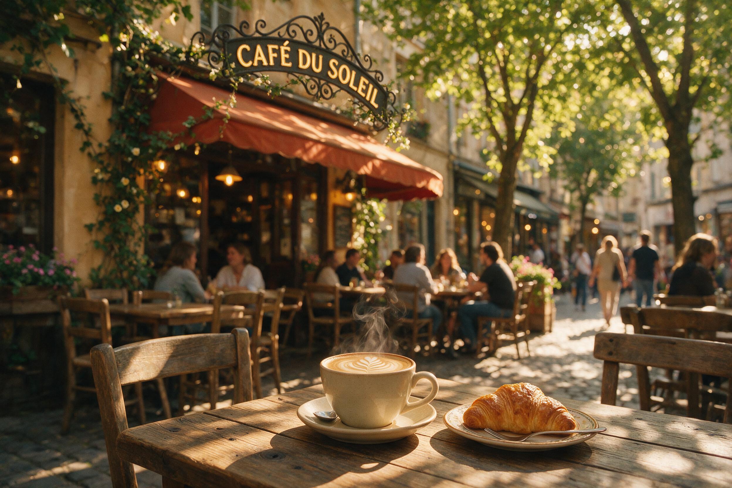 A cozy street cafe at golden hour, warm sunlight filtering through leaves, casting dappled shadows on a wooden table with a steaming latte and croissant, soft bokeh background, slight film grain, natural lighting, candid atmosphere.