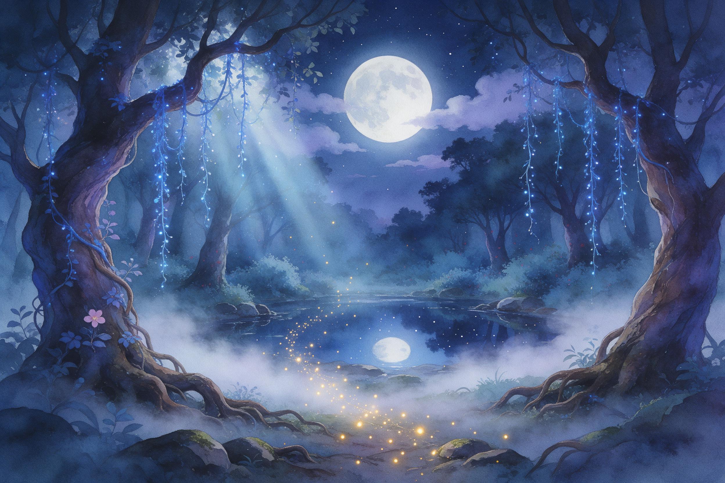 A moonlit enchanted forest, ancient twisted trees draped in glowing blue vines, a shimmering path of floating fireflies, soft mist curling along the ground, ethereal light rays filtering through leaves, still pond reflecting the starry sky, watercolor soft texture and gentle brushstrokes