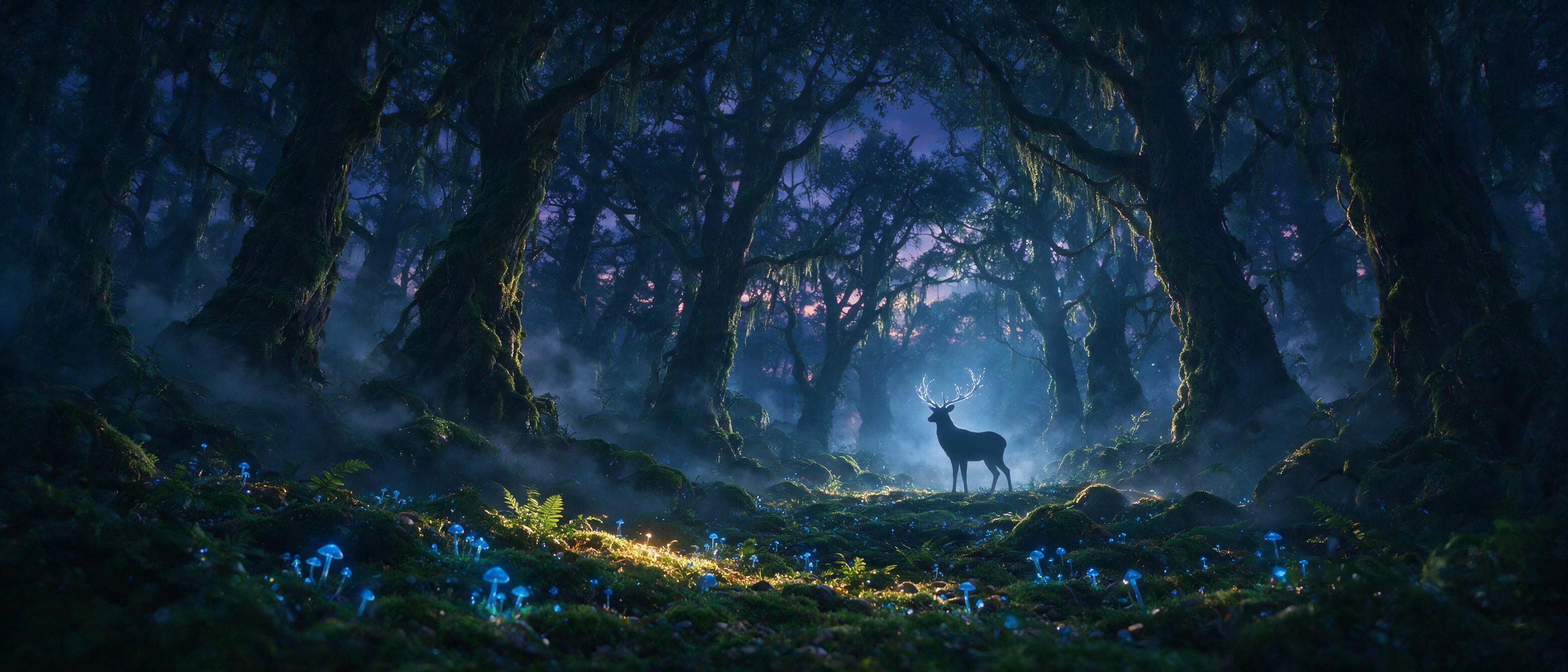 Enchanted forest at twilight, glowing blue mushrooms dot the mossy ground, soft mist swirls between ancient trees, a silhouette of a deer with antlers that shimmer like silver, gentle rays of moonlight filter through the canopy, cinematic composition with deep shadows and warm highlights, atmosphere