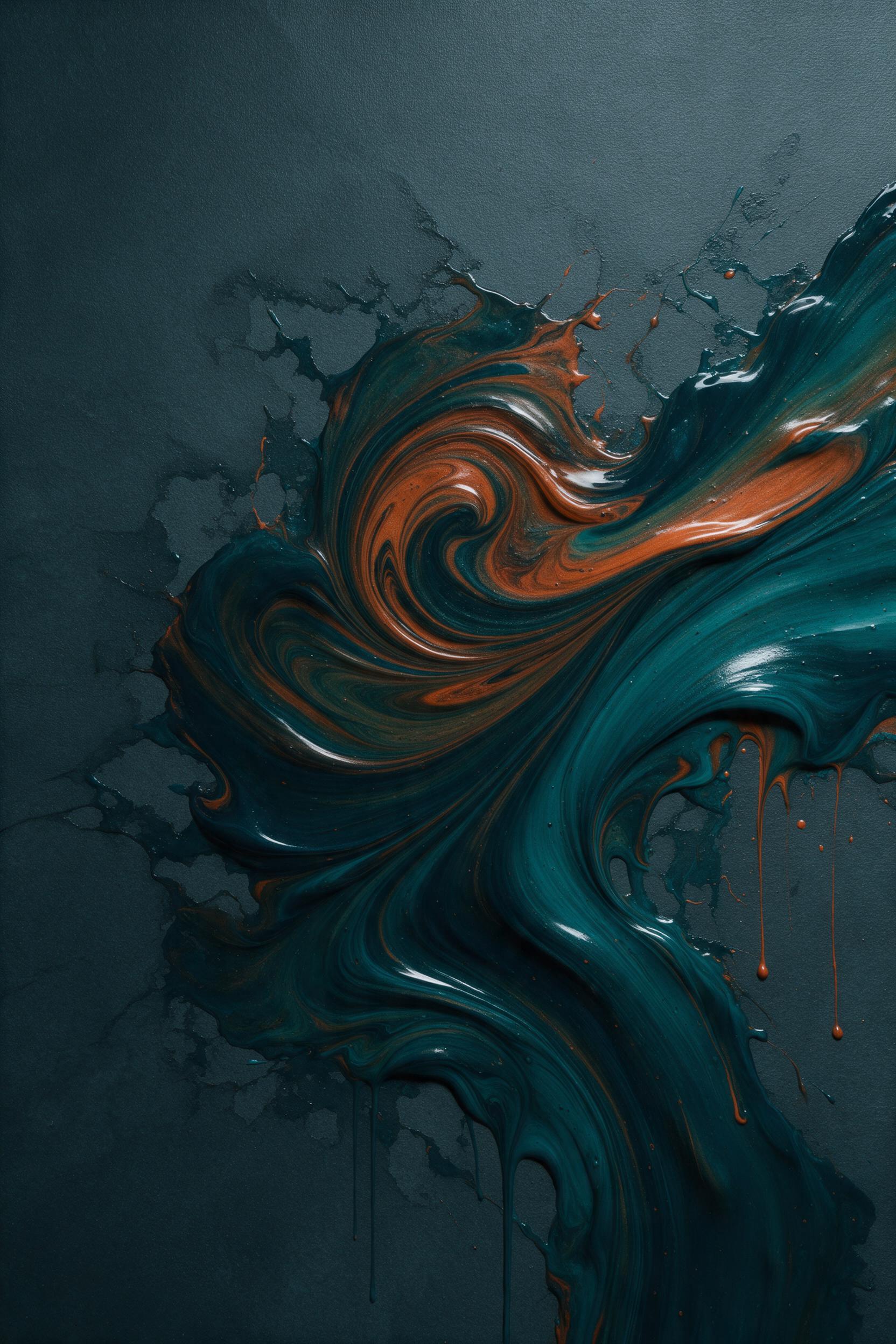 Fluid acrylic swirls of teal and burnt orange collide on a dark slate canvas, with glossy highlights catching a single overhead spotlight. Minimal composition centered slightly left, leaving negative space. Subtle texture of drip marks, no watermarks or text.