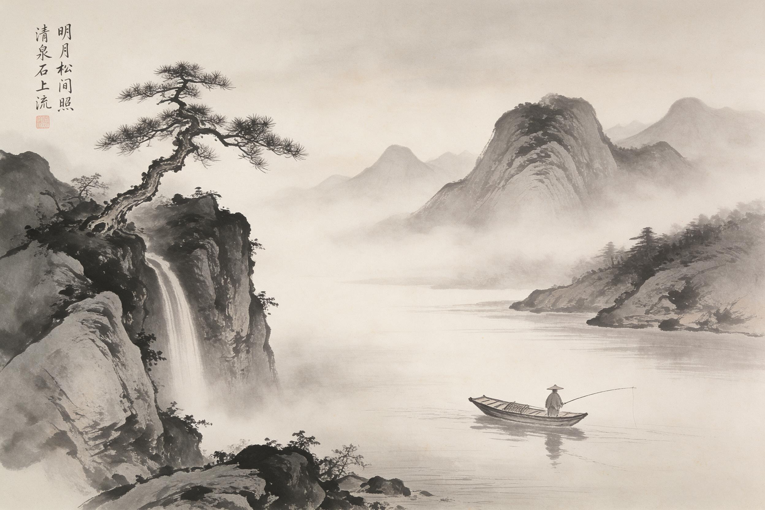 A misty mountain landscape in Chinese ink wash painting style, with layered peaks fading into the distance, a lone pine tree clinging to a rocky cliff on the left, and a small wooden boat with a fisherman crossing a calm river in the foreground. Soft gray and black tones with subtle sepia staining, 