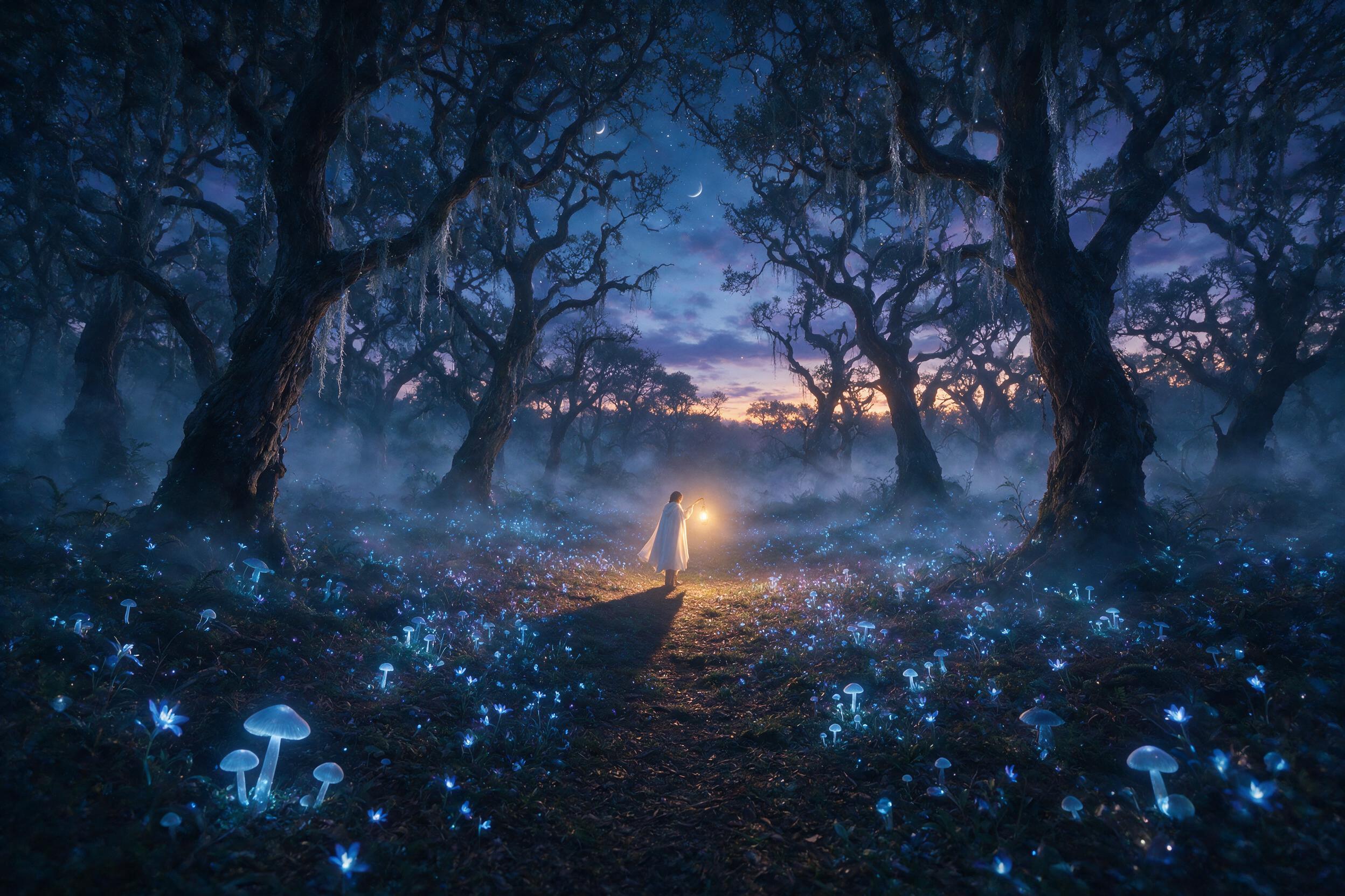 Ethereal forest at twilight, bioluminescent mushrooms and glowing blue flowers carpeting the ground, ancient twisted trees draped in silver moss, soft mist weaving through the air, a lone figure in a flowing white cloak stands at the center, warm amber light from a hovering lantern casts long shadow