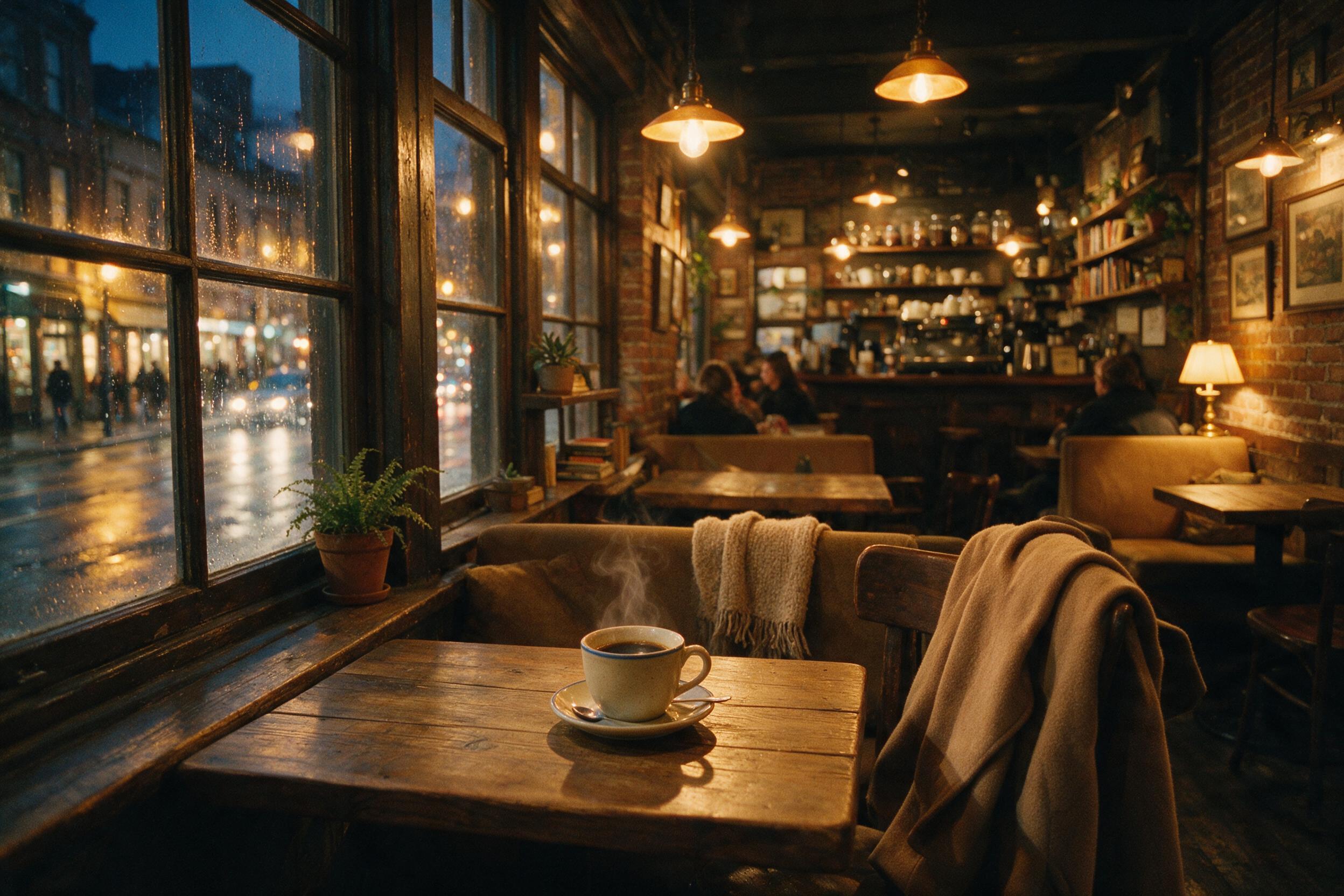 A cozy, dimly lit coffee shop interior with warm amber pendant lights, steam rising from a ceramic cup on a wooden table, rain streaks on the window revealing a blurred city street outside, shallow depth of field, soft bokeh, natural evening lighting, slight grain, 35mm film aesthetic.