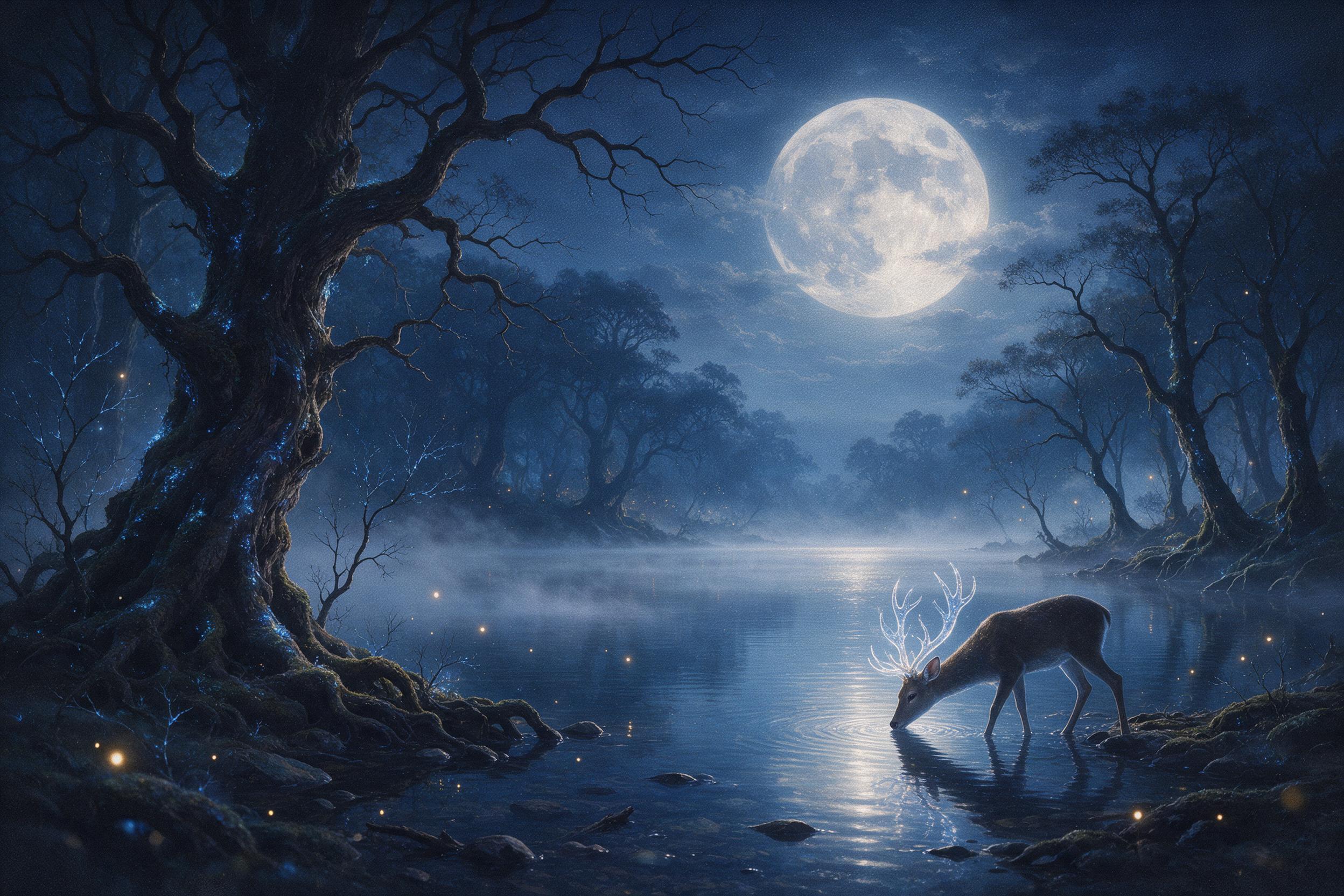 A crystal-clear moonlit lake in a forgotten forest, ancient twisted trees with glowing blue moss, a lone deer with translucent antlers drinking, mist curling over the water, soft silver light from a full moon, fireflies scattered, dreamlike atmosphere, painterly style, subtle grain