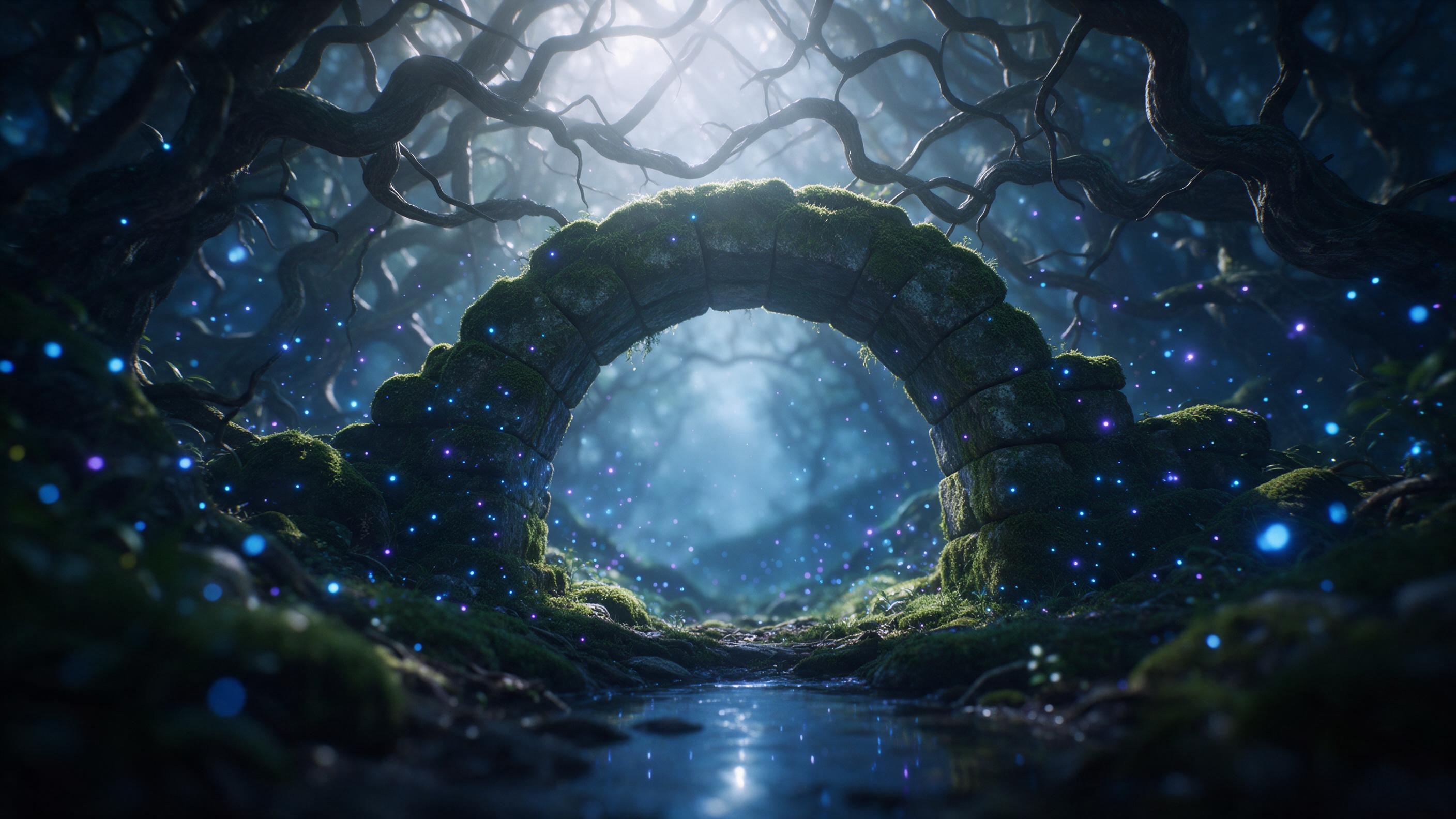 An ancient, moss-covered stone archway in a misty enchanted forest, glowing blue and purple fireflies swirling around, ethereal light rays piercing through gnarled branches, a small stream reflecting moonlit stars, cinematic composition with a low angle, dreamy atmosphere, soft focus on background