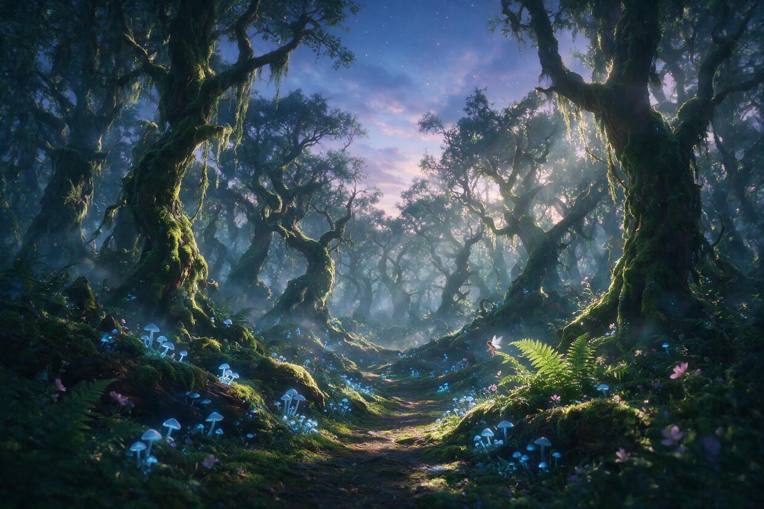 A luminous forest at twilight, glowing blue mushrooms lining a mossy path, ethereal light rays piercing through ancient twisted trees, soft mist rising from the ground, a tiny fairy with translucent wings perched on a fern, magical atmosphere, natural lighting, slight lens flare, serene and dreamlik