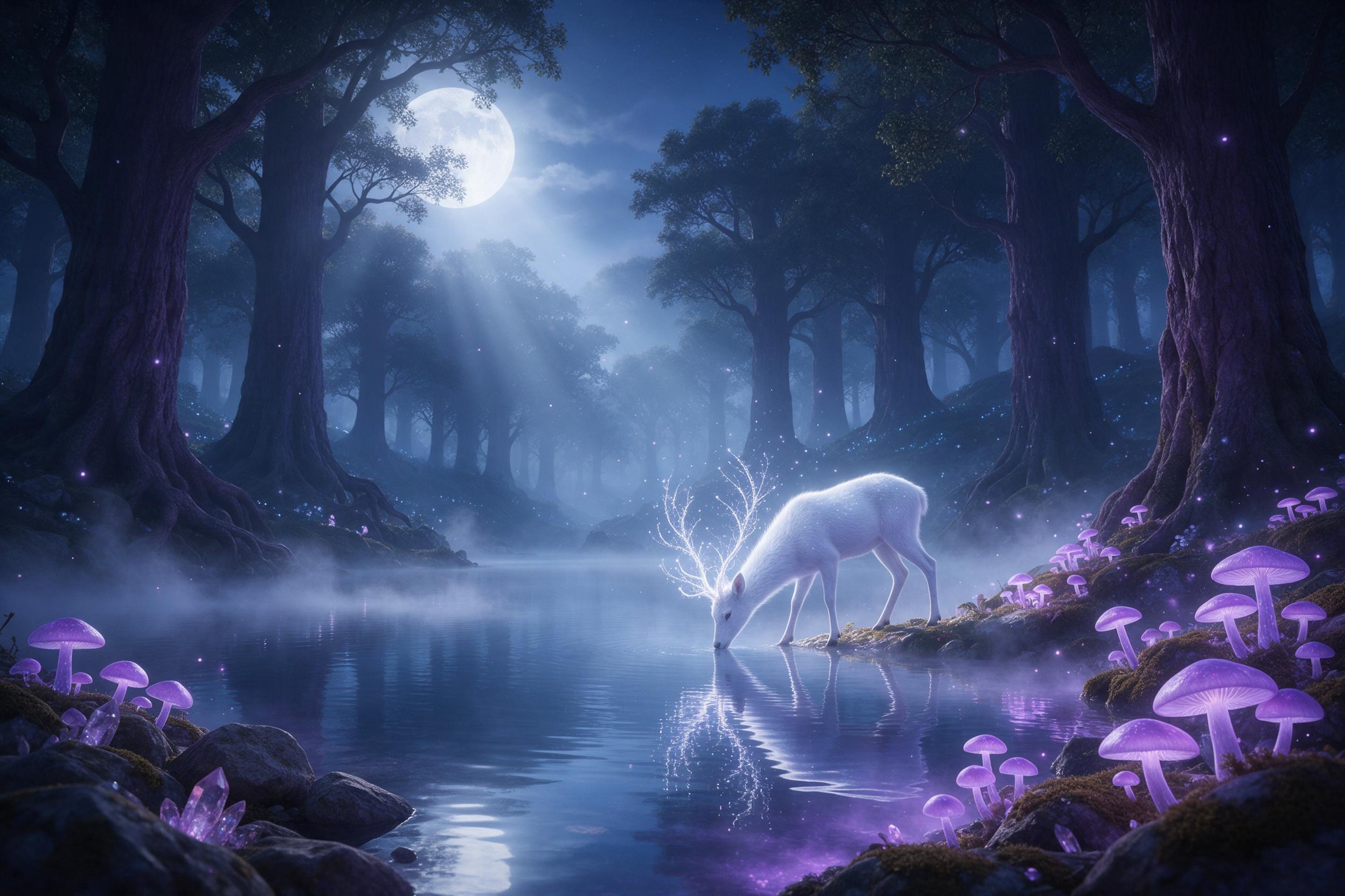 A luminous crystal lake nestled in a twilight forest, glowing purple mushrooms lining the shore, mist swirling over reflective water, a lone white stag with antlers of light drinking at the edge, soft bioluminescent particles drifting in air, moonbeams piercing through ancient towering trees, ethere