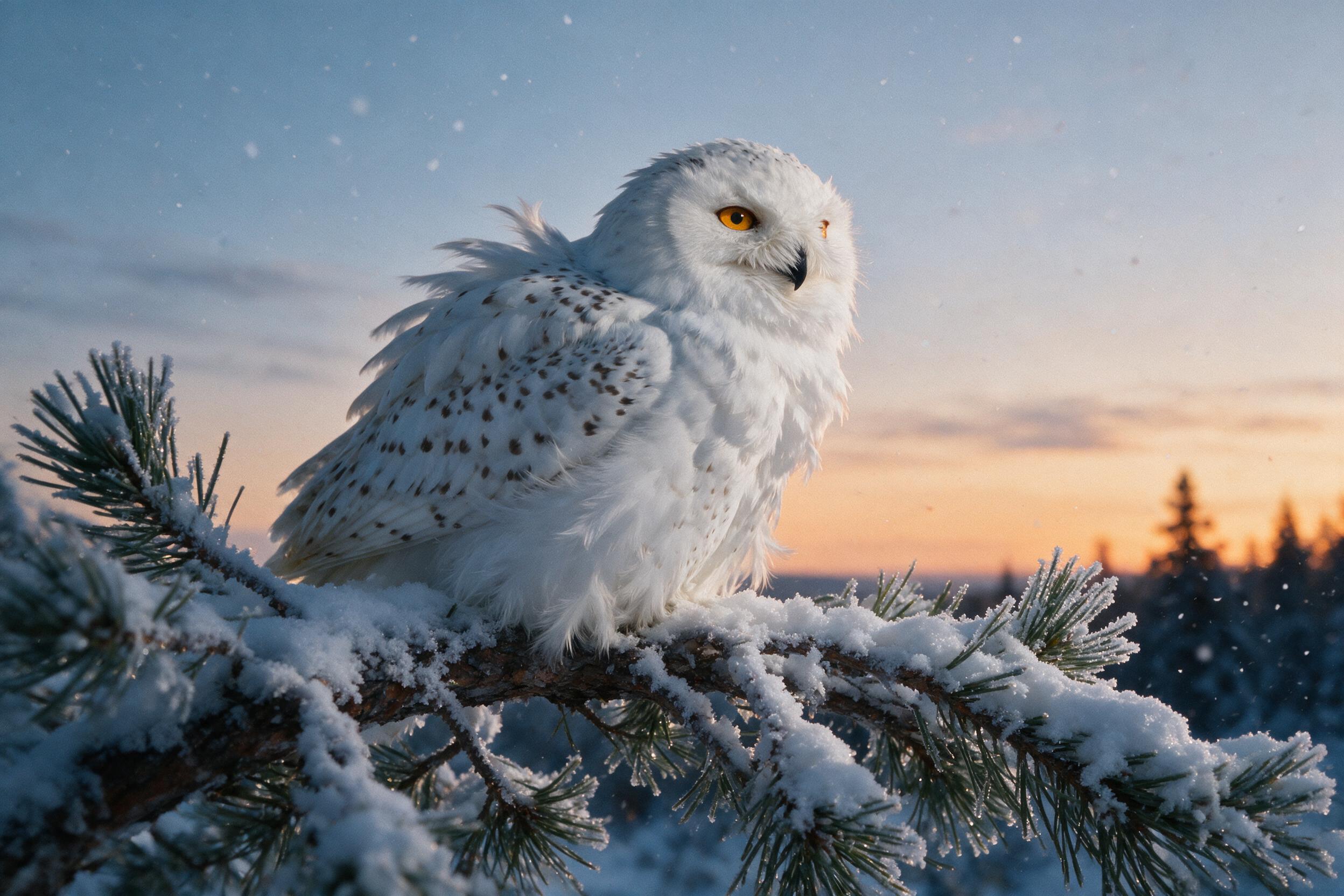 A close-up of a snowy owl perched on a frost-covered pine branch at twilight, feathers ruffled against the cold, soft blue and orange gradient sky in the background, gentle snowflakes falling, slight camera shake effect, natural grain