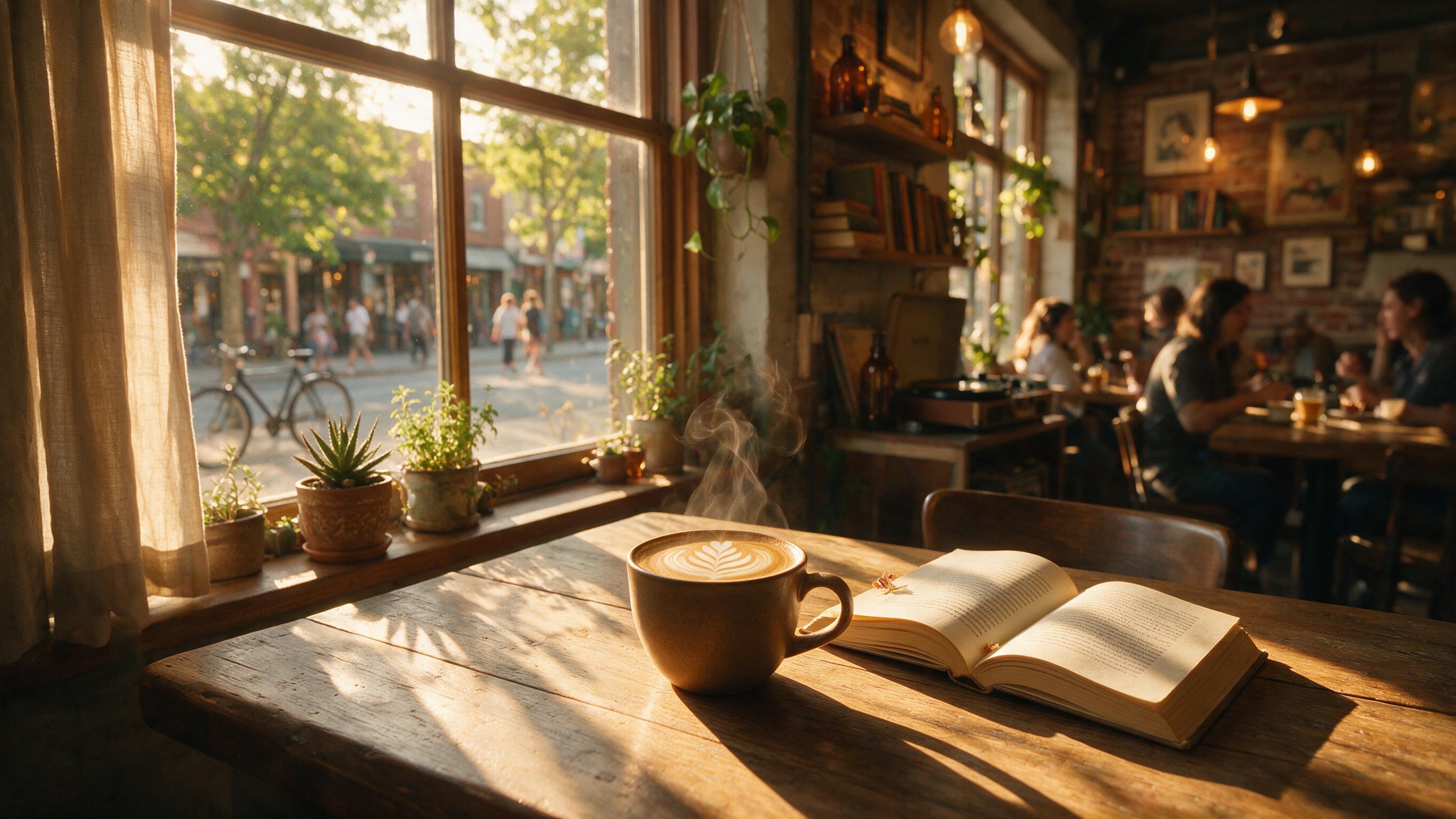 A cozy coffee shop interior at golden hour, warm sunlight streaming through a large window, casting long shadows on a wooden table with a steaming latte and an open book, soft bokeh in the background, slight camera movement for a candid feel, natural lighting.