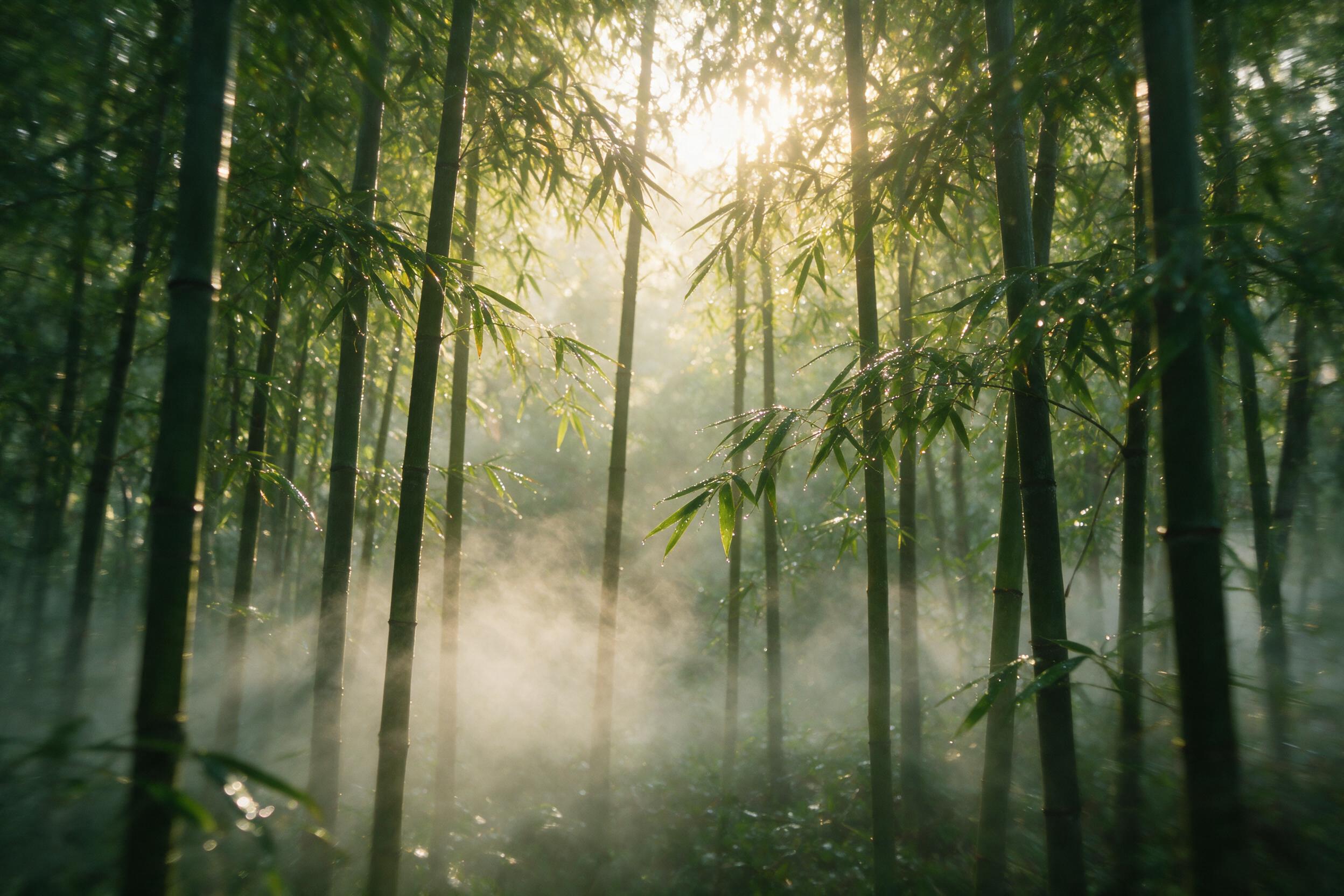 A misty morning in a dense bamboo forest, golden sunlight piercing through the canopy, soft ground fog swirling around the bamboo stalks, dewdrops glistening on leaves, slight camera shake, natural lighting, shallow depth of field, green and gold tones