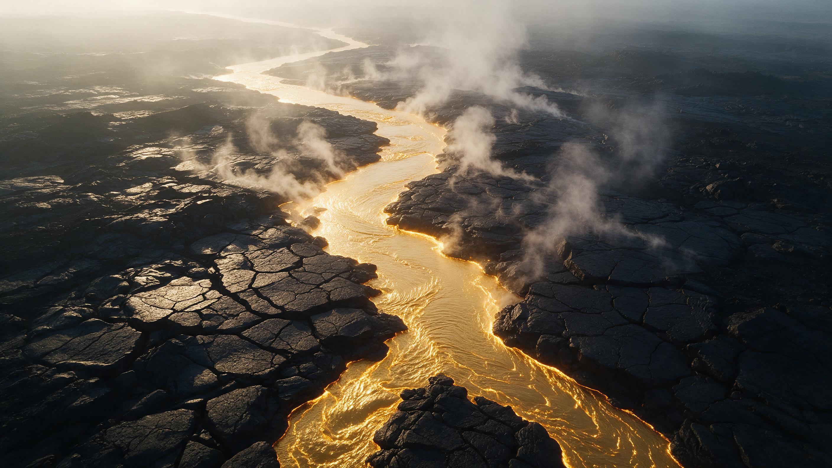 Aerial view of a flowing river of molten gold cutting through cracked black basalt, geometric patterns of steam swirls rising, minimalism style, soft dawn light from the east casting long shadows, subtle reflections on the metal, shot with a drone camera, 50mm lens, slight haze over the surface