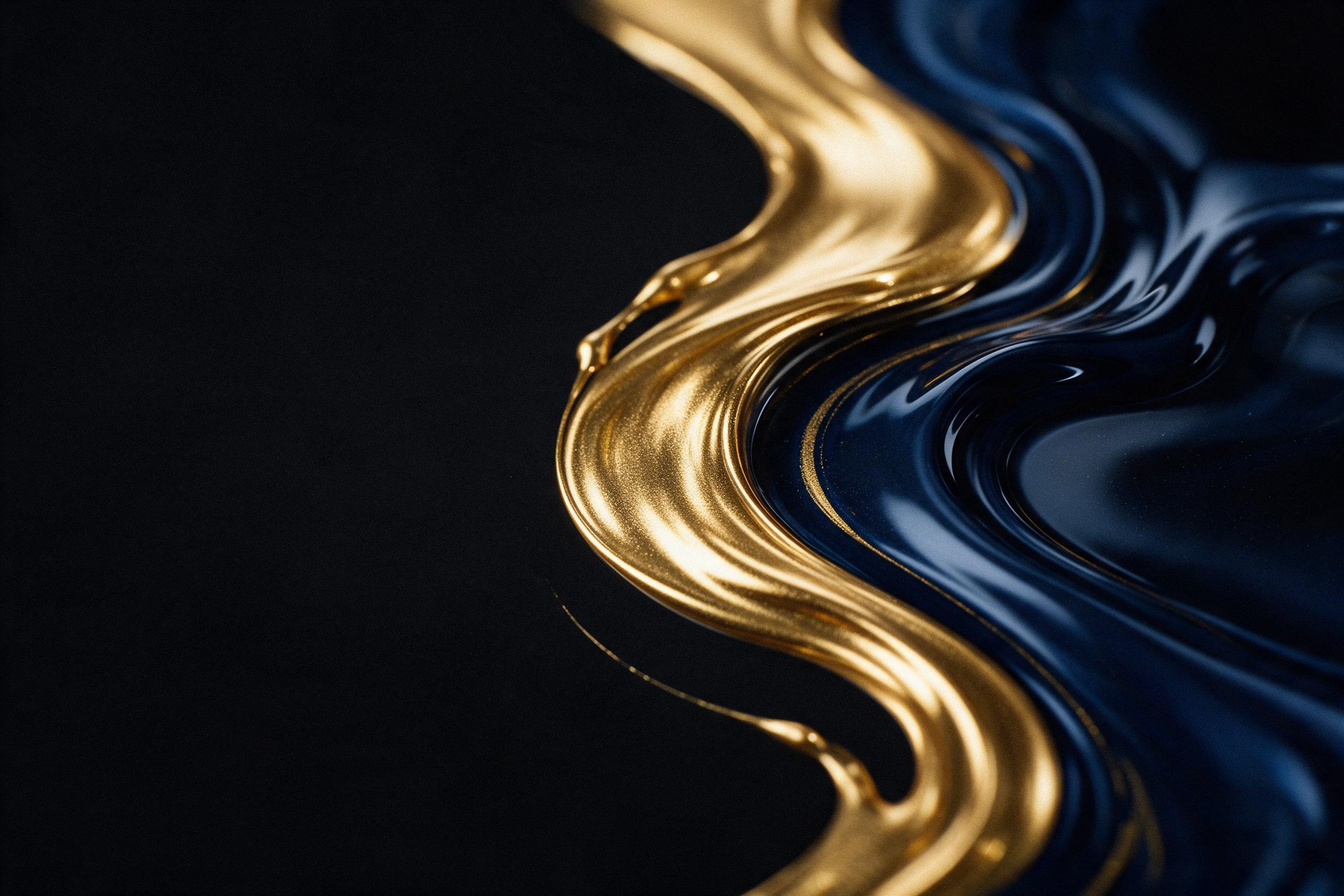 Liquid gold and deep indigo flow in elegant swirls, frozen mid-motion against a matte black background. Macro shot captures fine metallic ripples catching harsh studio light, with soft reflections and subtle grain suggesting film photography. Minimal composition with negative space on the left side.