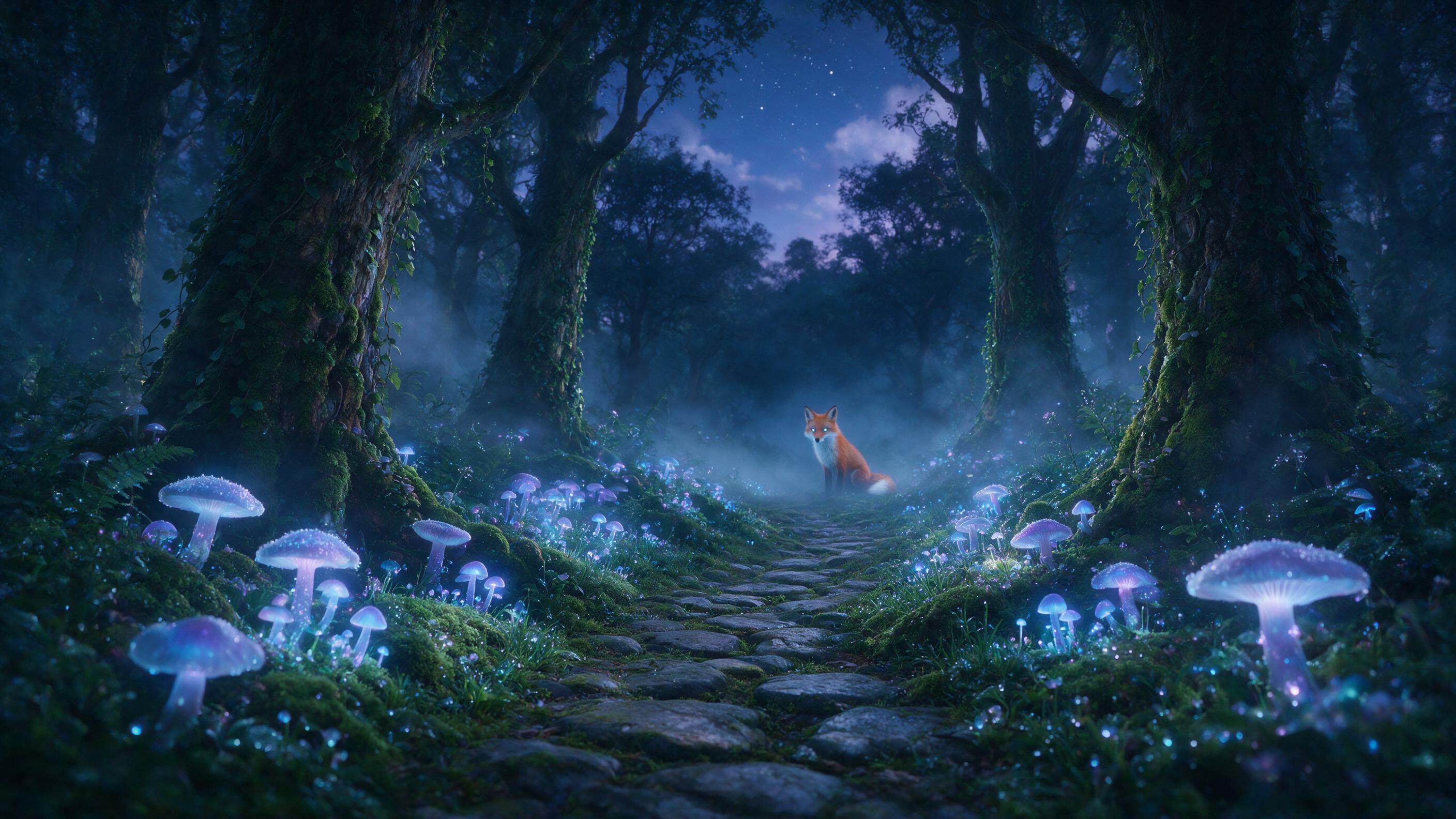 A glowing, bioluminescent mushroom forest at twilight, with soft blue and purple light radiating from the caps, illuminating a winding path of mossy stones, gentle mist swirling around the base of ancient trees, a single silver-eyed fox watching from a distance, natural lighting from the mushrooms a
