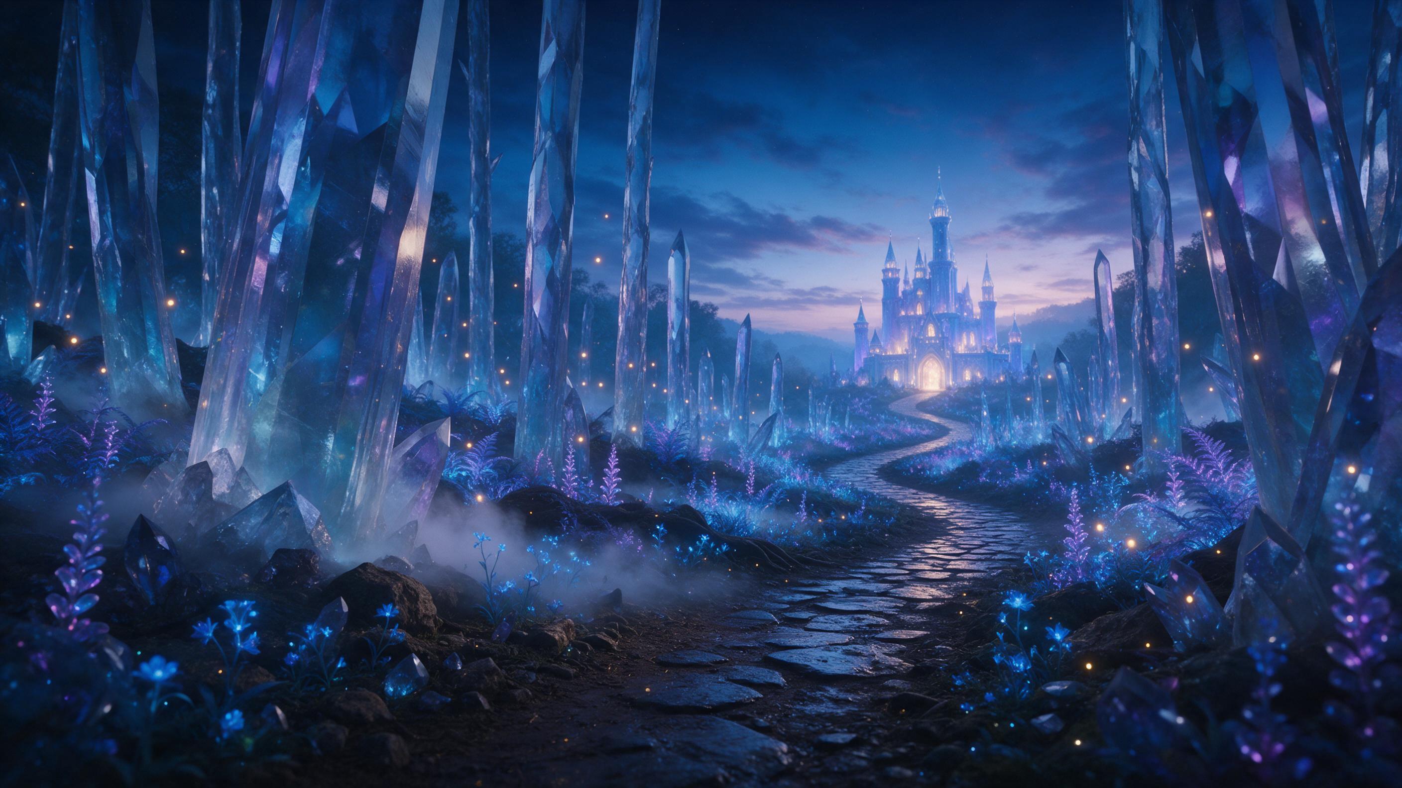 A luminous crystal forest at twilight, where bioluminescent flora pulses soft blues and purples, fireflies drift between glass-like trees, a winding path leads to a glowing castle on the horizon, mist curling around roots, cinematic wide-angle composition, cool color palette with warm highlights, et