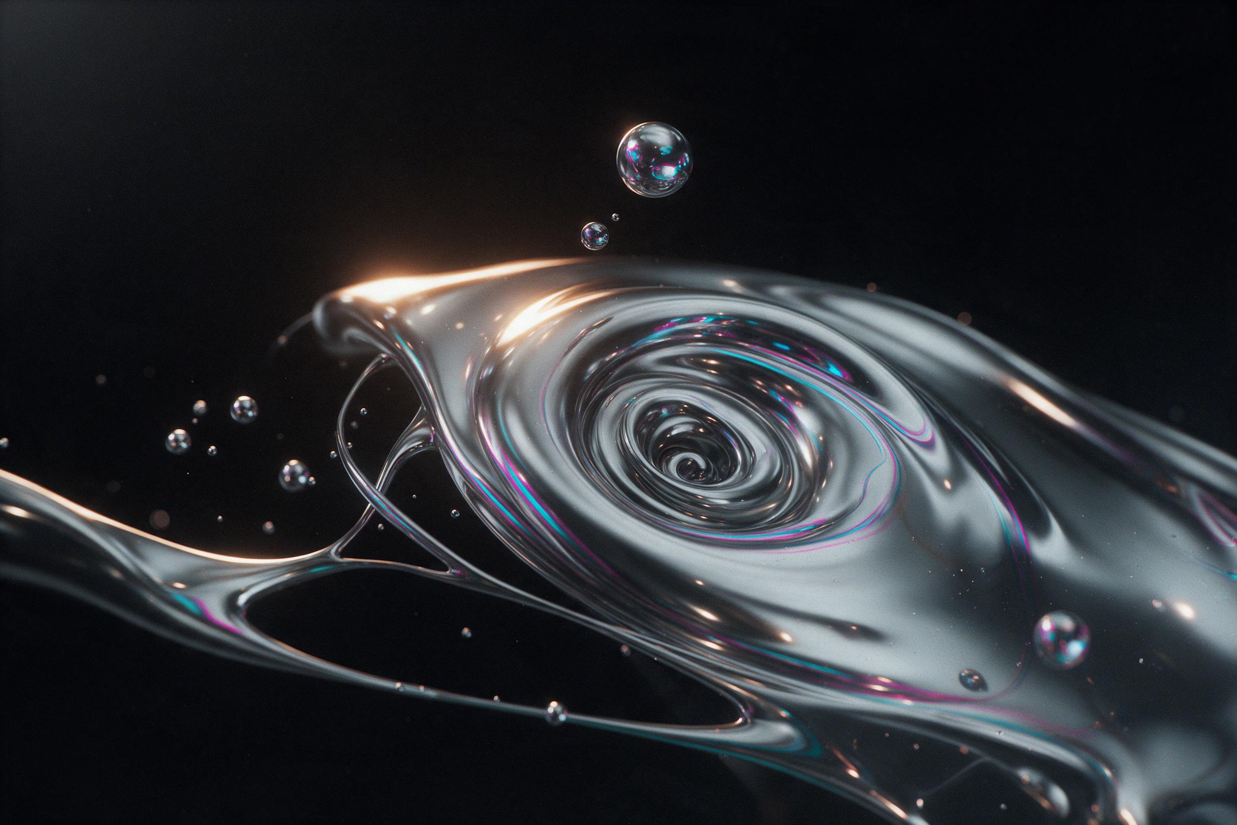 Liquid metal swirling in dark void, iridescent cyan and magenta ribbons colliding, fine bubbles suspended mid-motion, soft studio reflections on glossy surface, dramatic chiaroscuro with a single warm rim light, subtle film grain, minimalist composition with negative space