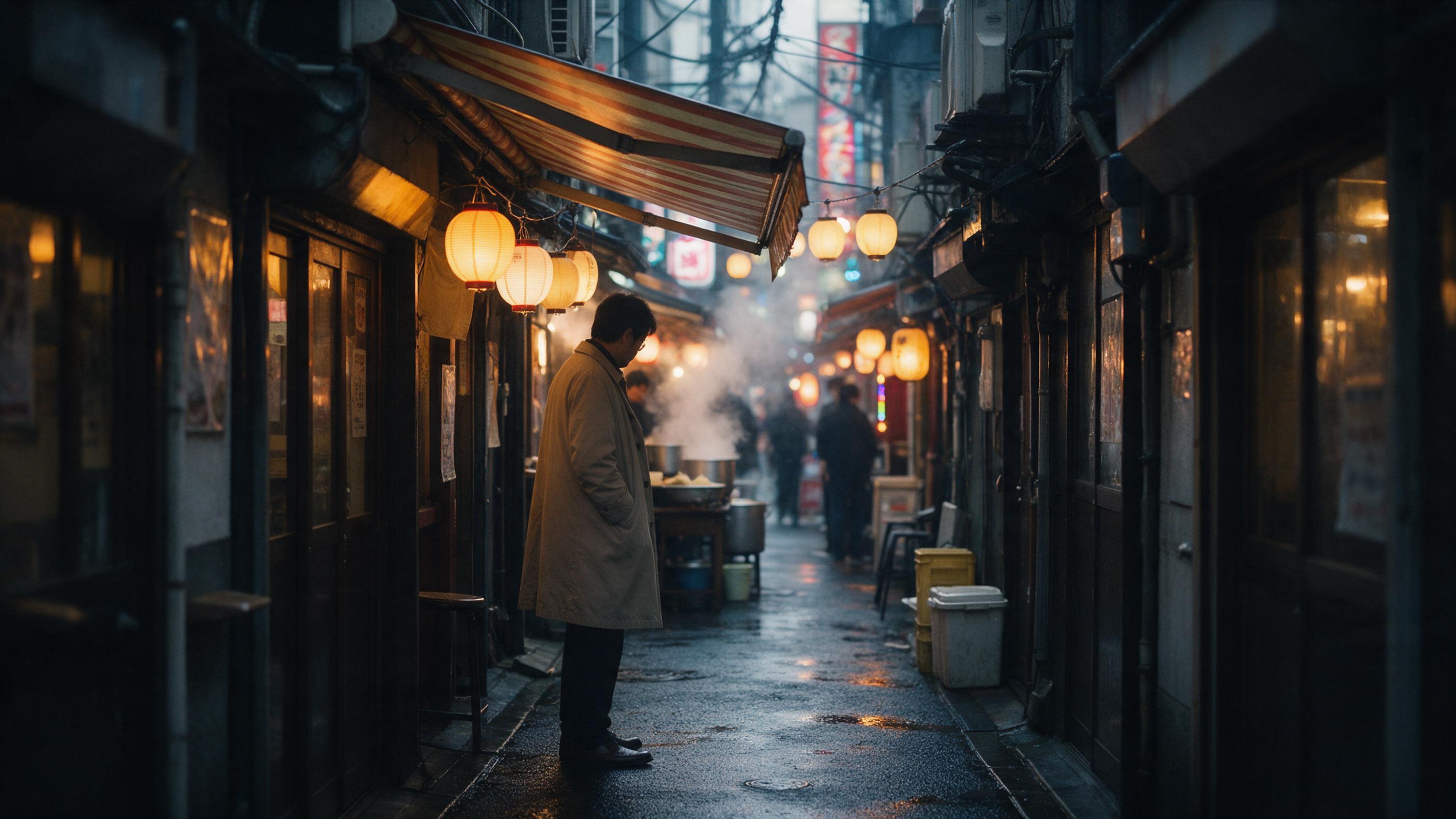 Cozy rainy evening in a narrow Tokyo alley, warm glowing lanterns reflecting on wet asphalt, steam rising from a ramen shop, a lone man in a beige coat waiting under a striped awning, soft bokeh from neon signs in the background, cinematic composition, natural overcast light with a subtle blue mood.