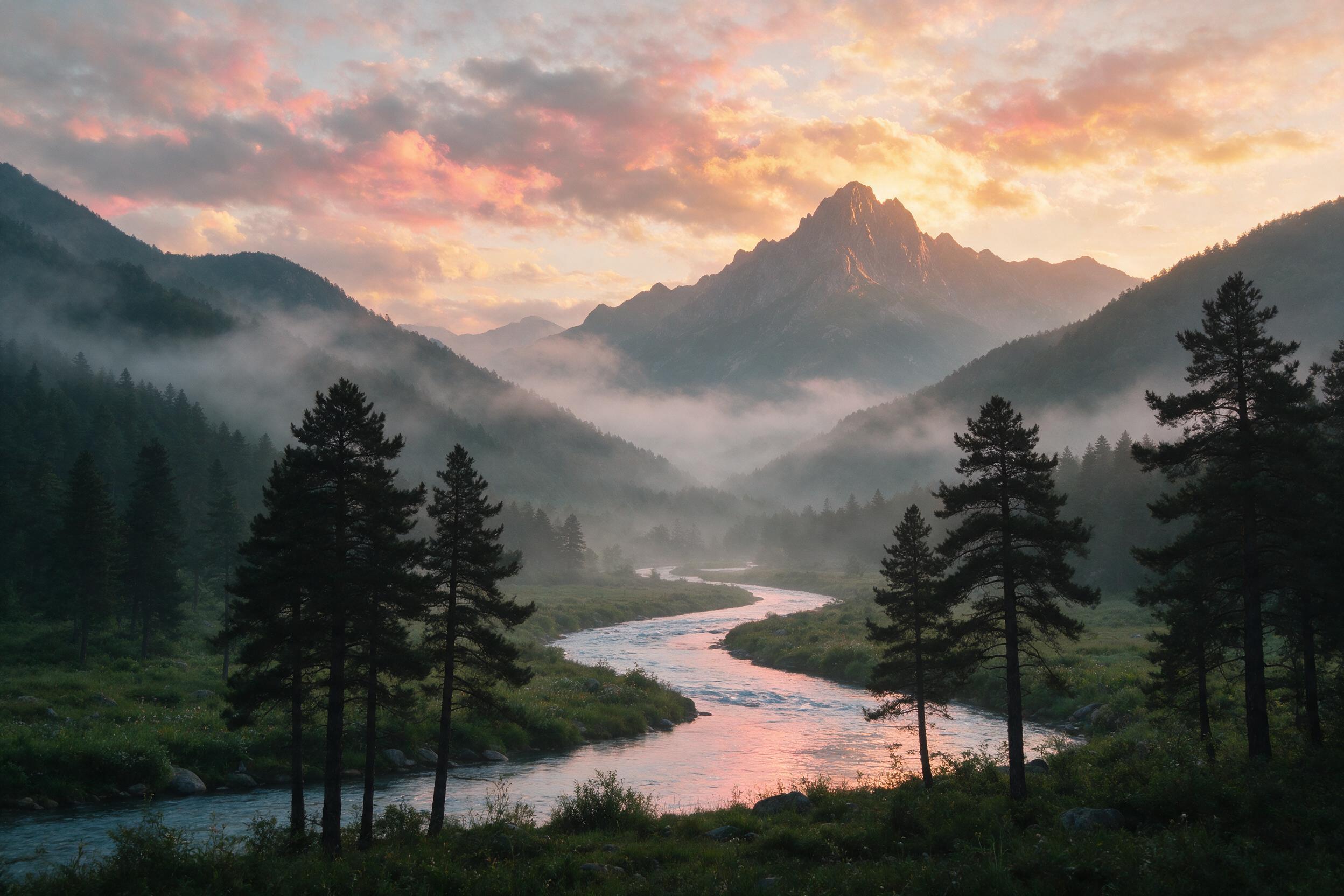 A misty mountain landscape at dawn, soft golden light breaking through layered clouds, pine trees silhouetted in the foreground, a winding river reflecting the pink and orange sky, shot with a 50mm lens, slight haze, peaceful atmosphere, no people or buildings.