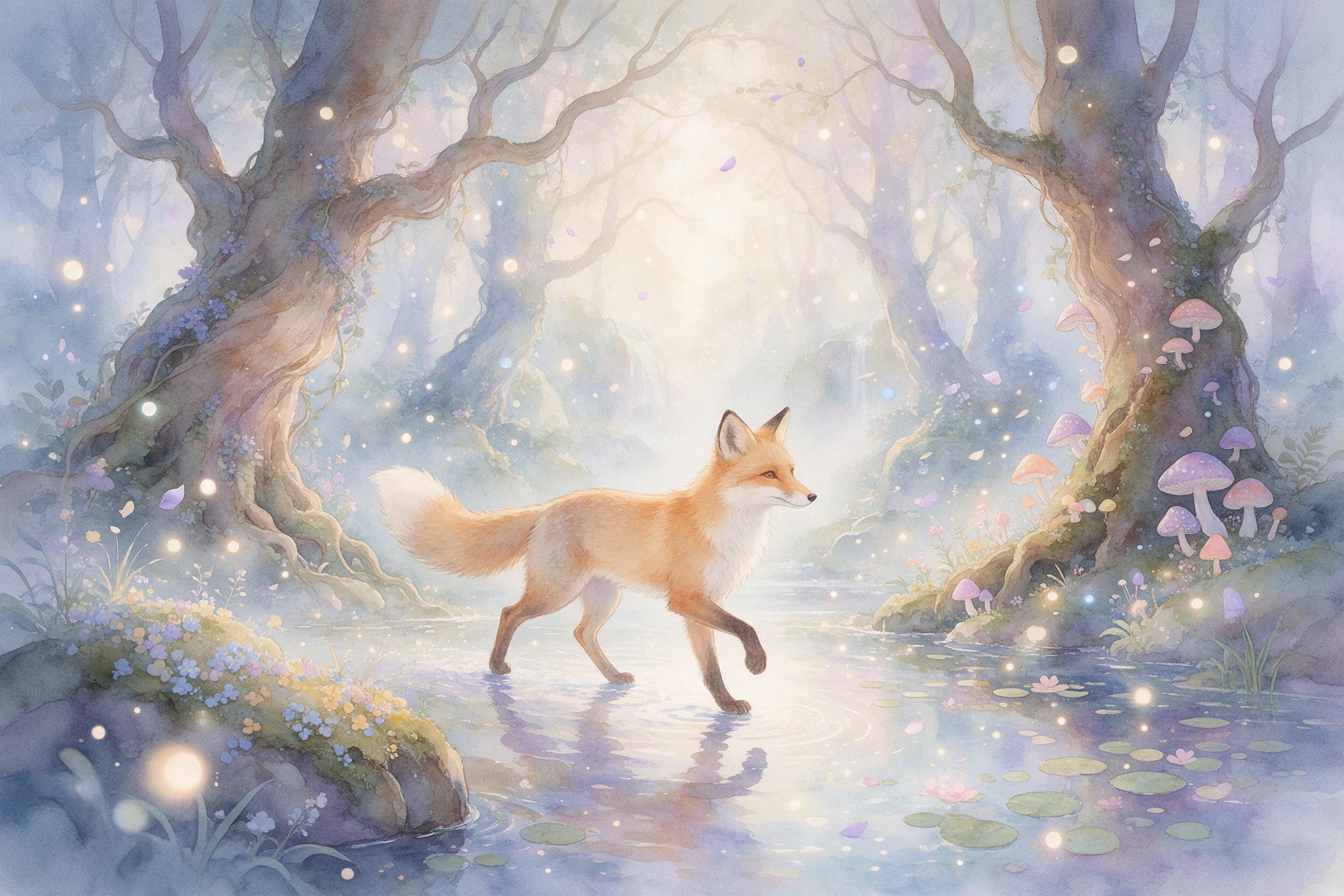 Watercolor style illustration of a fox walking through a enchanted forest, soft pastels, magical light particles