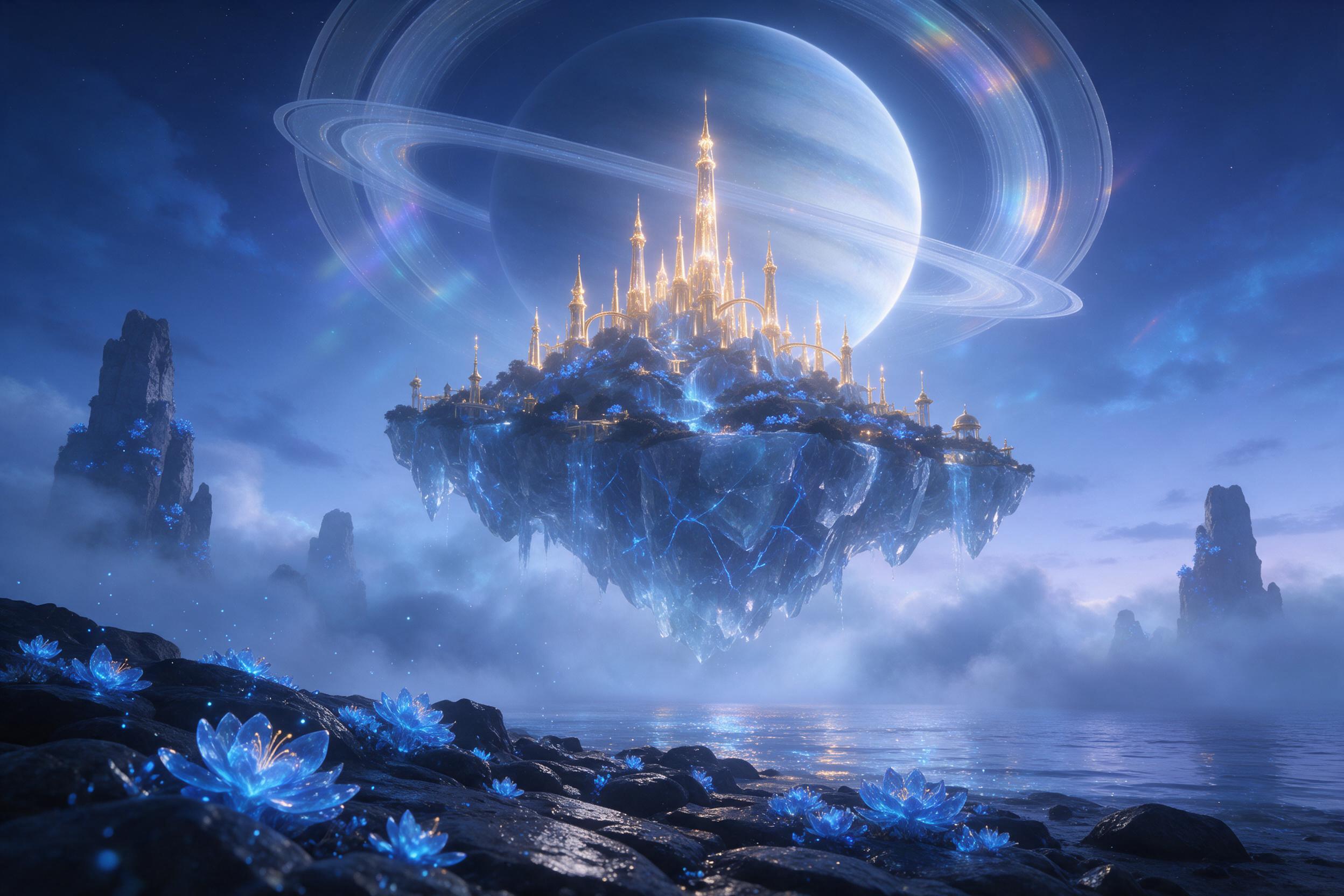 A floating crystaline isle drifts above a twilight sea of swirling mist, with luminous golden spires and glowing blue flora. Overhead, a massive ringed moon casts prismatic light through the atmosphere. Composition: low-angle view from the shore, foreground with bioluminescent rocks. Lighting: ether
