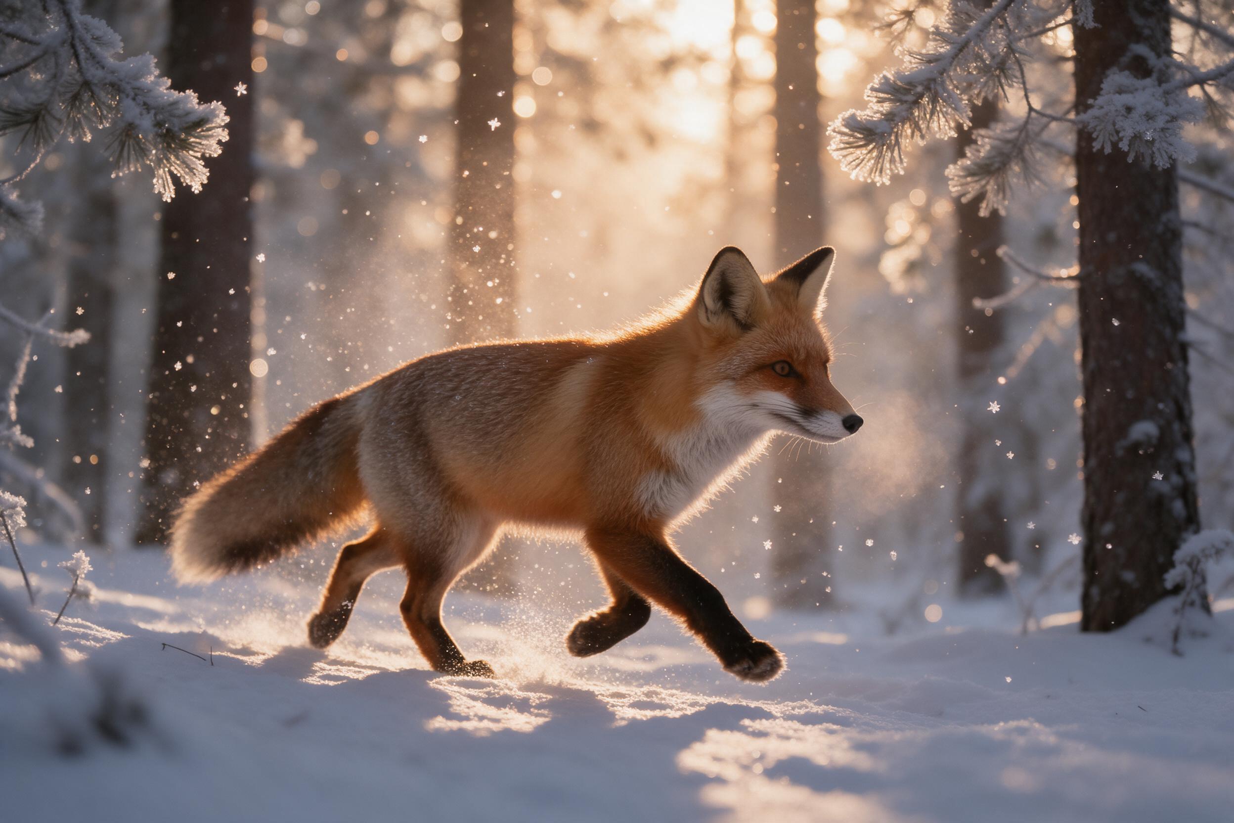 A red fox trotting through a frost-covered pine forest at dawn, crystalline ice particles suspended in the cold air, warm amber backlight piercing through misty tree trunks, its fur textured with individual hairs catching golden light, soft snow muffling footsteps, shallow depth of field with bokeh,