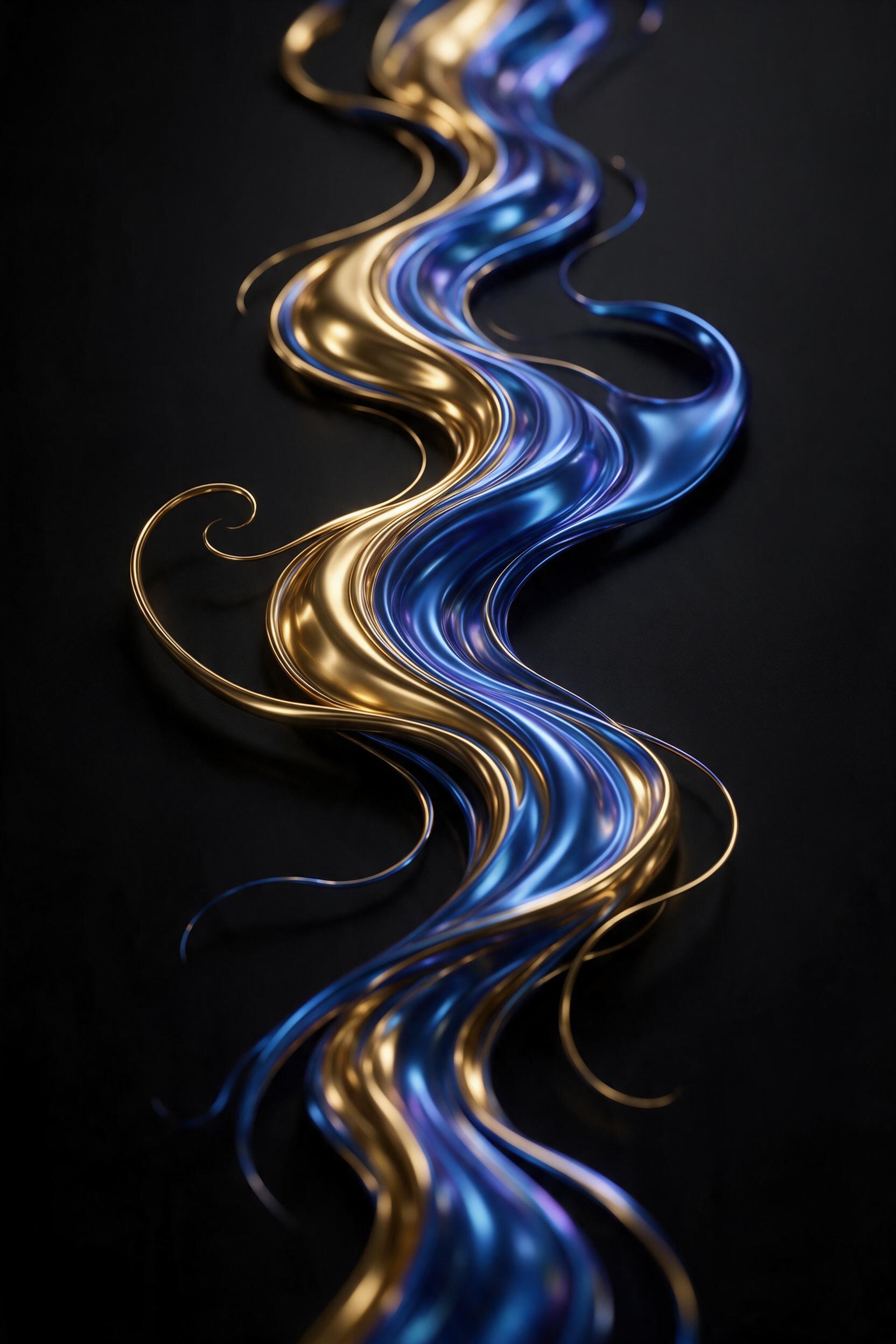 A flowing river of molten gold and iridescent blue liquid metal winding through a dark, matte black void. Subtle ripples catch sharp highlights, creating a sense of slow, hypnotic motion. Minimal composition, centered, with soft studio lighting and deep shadows. No text, no objects, pure fluid form.