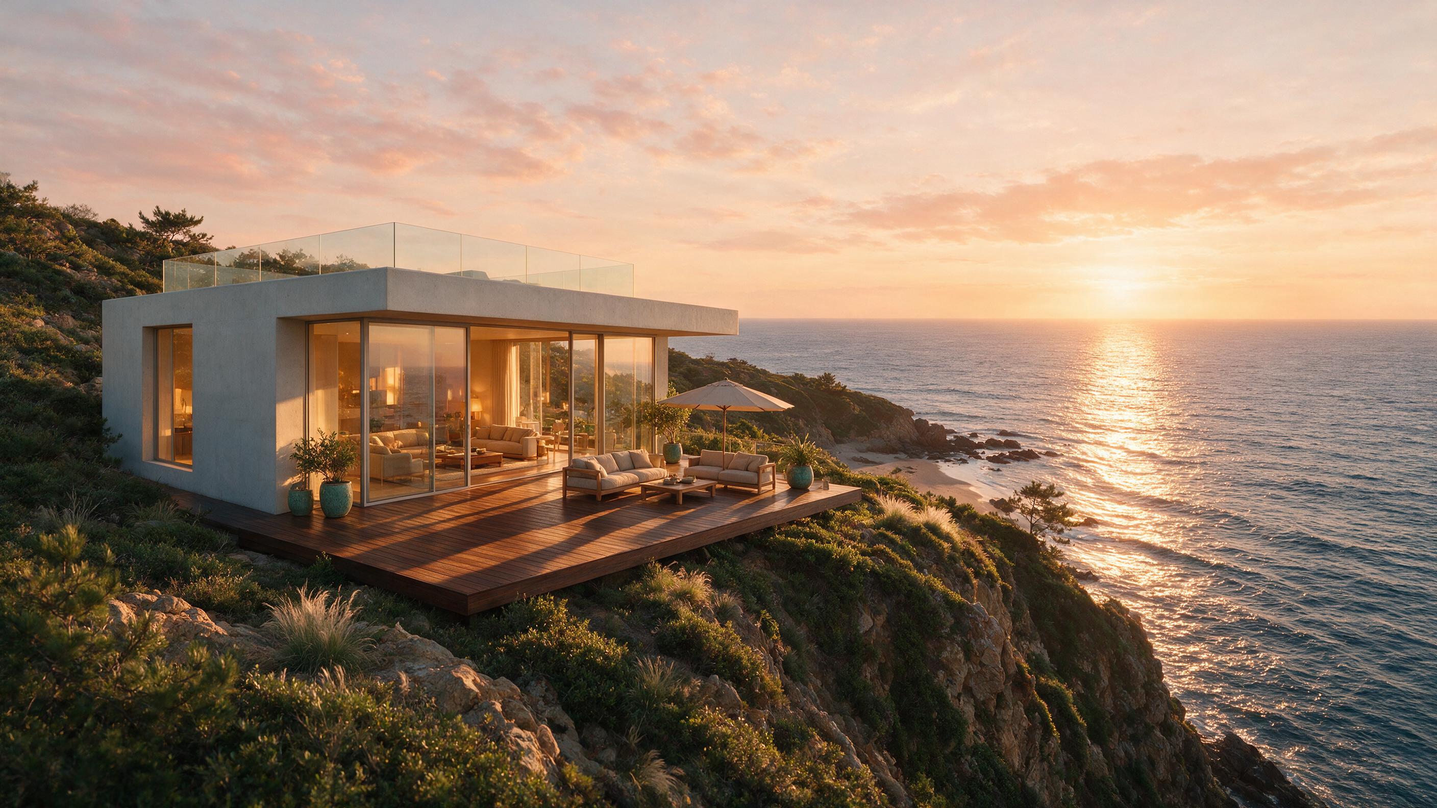 A minimalist concrete villa perched on a cliff overlooking the ocean at sunset, warm golden light streaming through floor-to-ceiling glass windows, clean geometric lines, long shadows cast across the wooden deck, subtle reflection of the sky in the glass, serene atmosphere, soft natural lighting.
