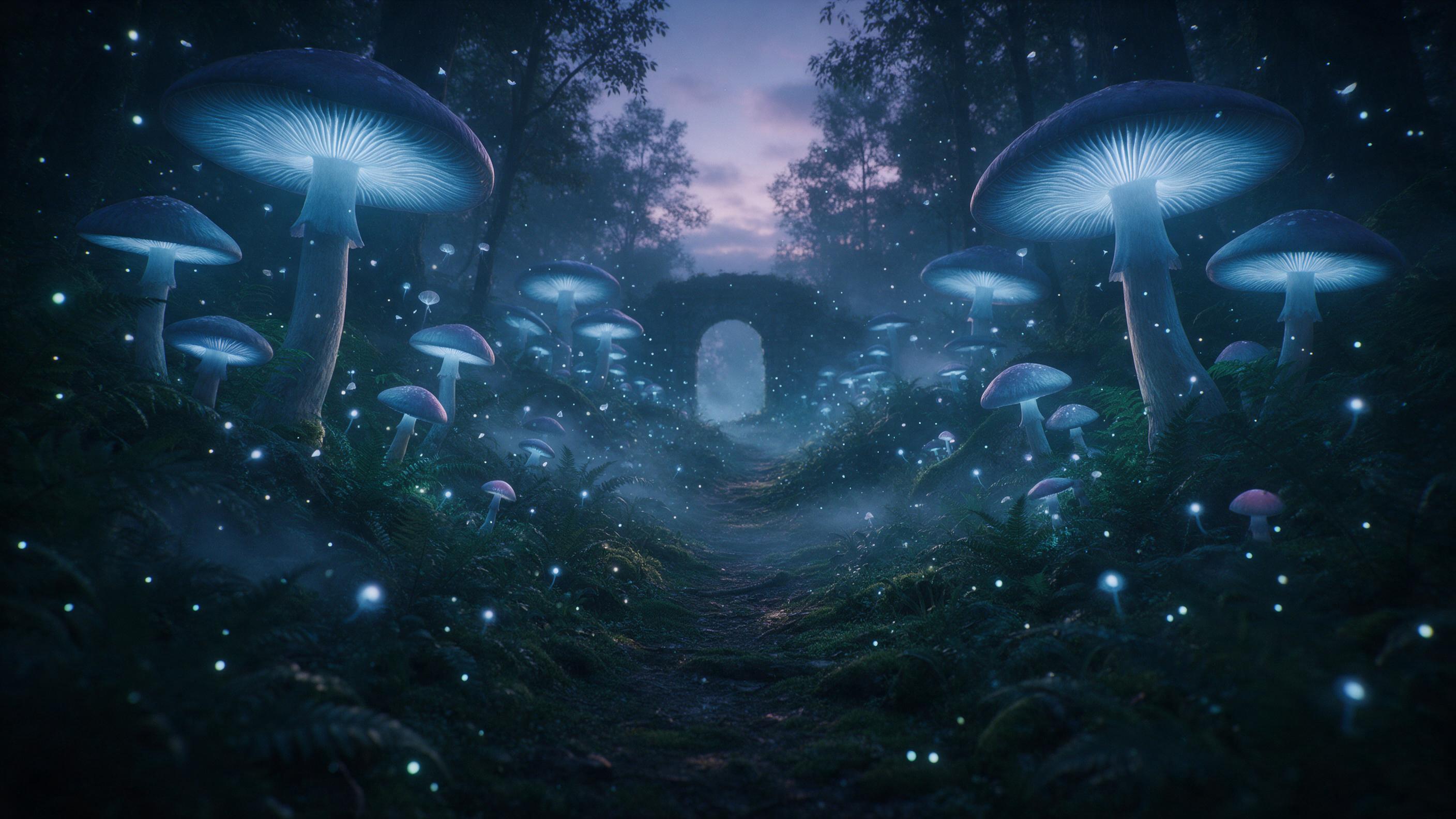 A bioluminescent forest at twilight, giant glowing mushrooms casting soft blue light, delicate floating spores like fireflies, a winding mossy path leading to a distant stone archway, fog rolling through ancient ferns, deep teal and violet palette, cinematic side lighting, gentle mist, tranquil myst