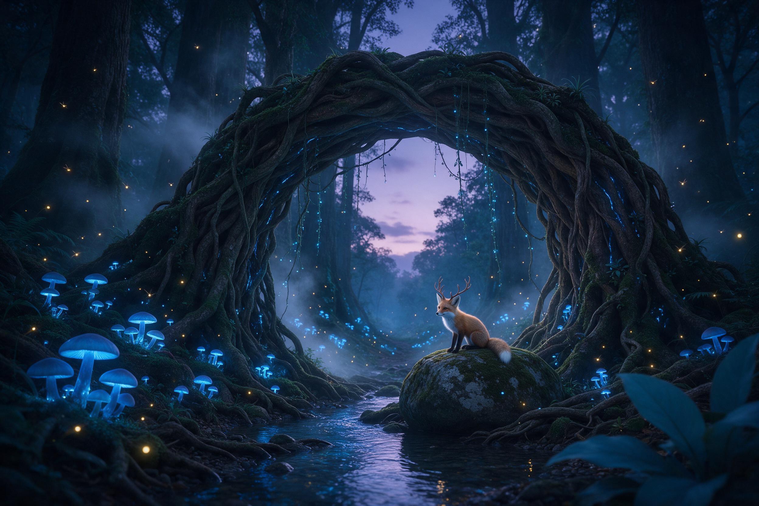 A bioluminescent forest at twilight, massive intertwined roots forming a natural archway, glowing blue mushrooms and hanging vines casting soft light, a small fox with antlers sits on a mossy stone, mist wisping between ancient trees, scattered fireflies, deep teals and violets, serene and enigmatic