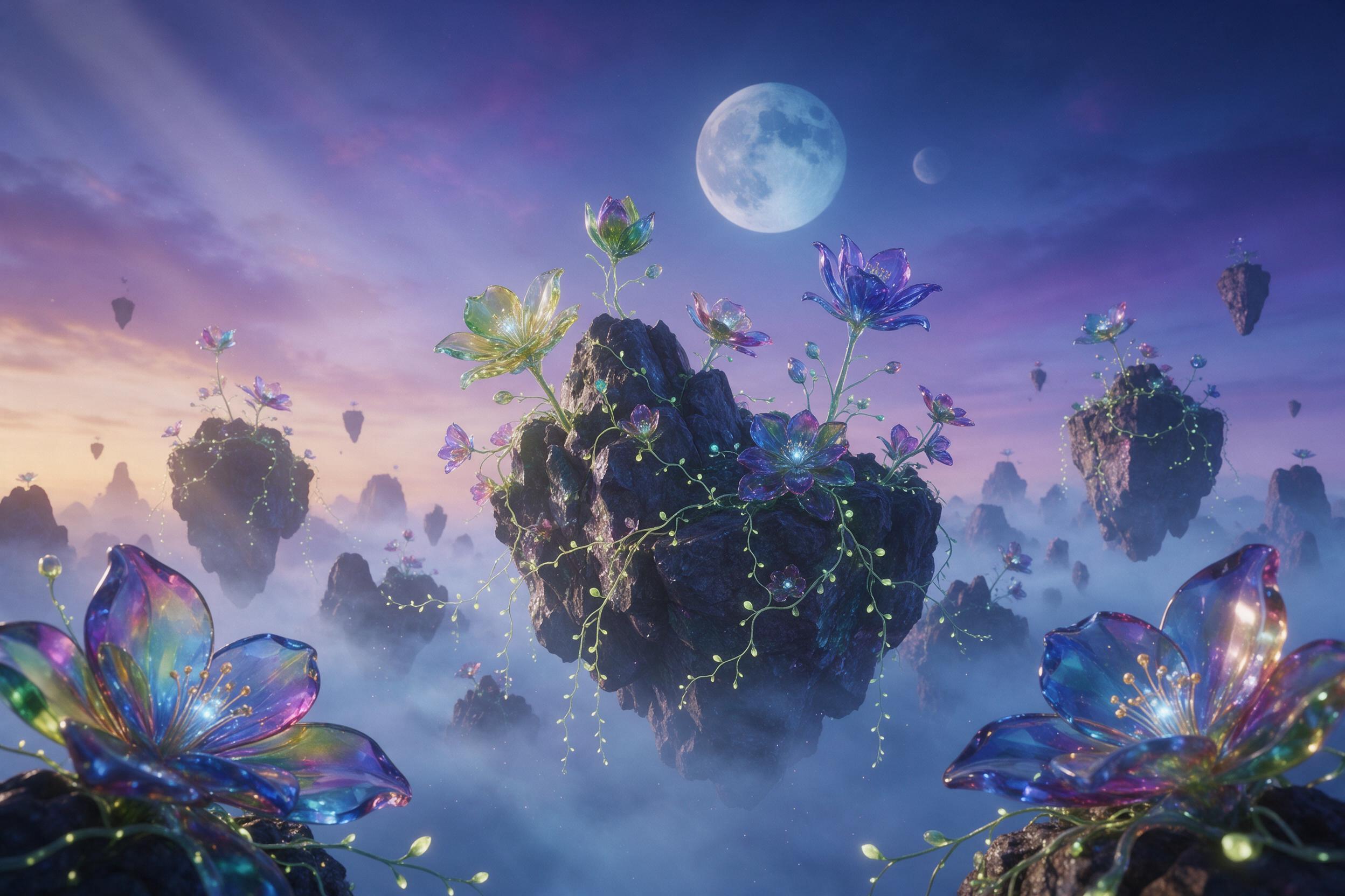 A floating crystal garden in twilight, iridescent glass flowers emitting soft bioluminescent glow, suspended on jagged rock islands wrapped in glowing vines, misty indigo sky with two moons, gentle light rays filtering through drifting particles, serene otherworldly atmosphere, photorealistic with s