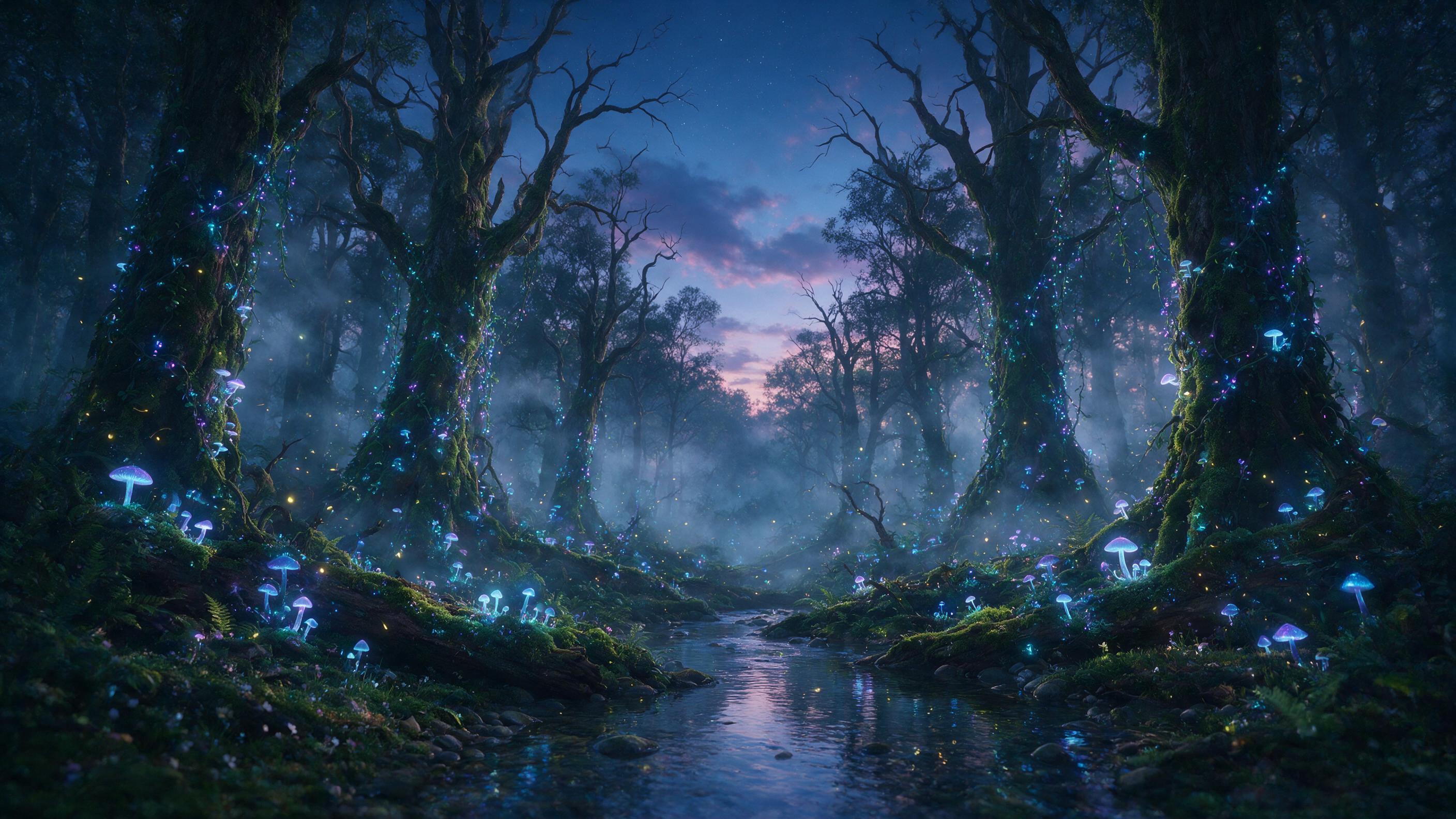 Ethereal forest at twilight, bioluminescent mushrooms and vines casting soft blue and purple light, ancient moss-covered trees, mist swirling between trunks, gentle fireflies, water reflections, cinematic composition, soft glow