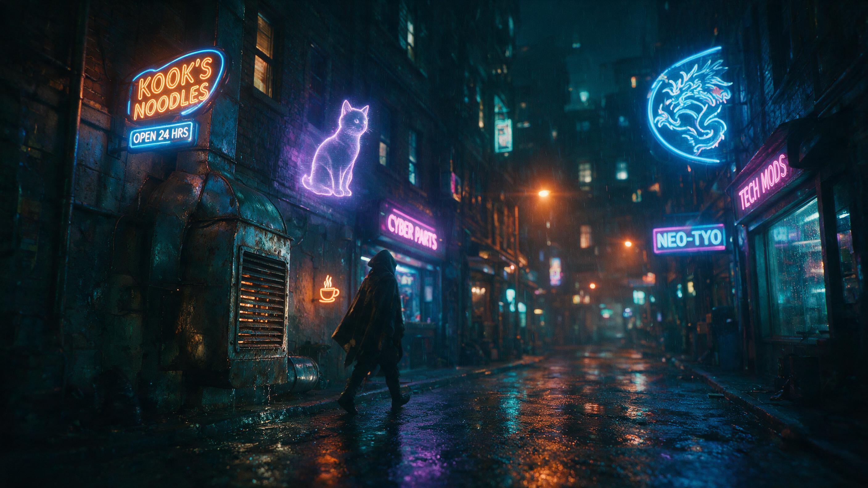 A neon-lit cyberpunk alleyway at midnight, rain-slicked asphalt reflecting glowing holographic signs, a lone figure in a hooded cloak walks past a rusted ventilation shaft, soft lens flare from a distant streetlamp, shallow depth of field, cinematic color grading with teal and orange tones.