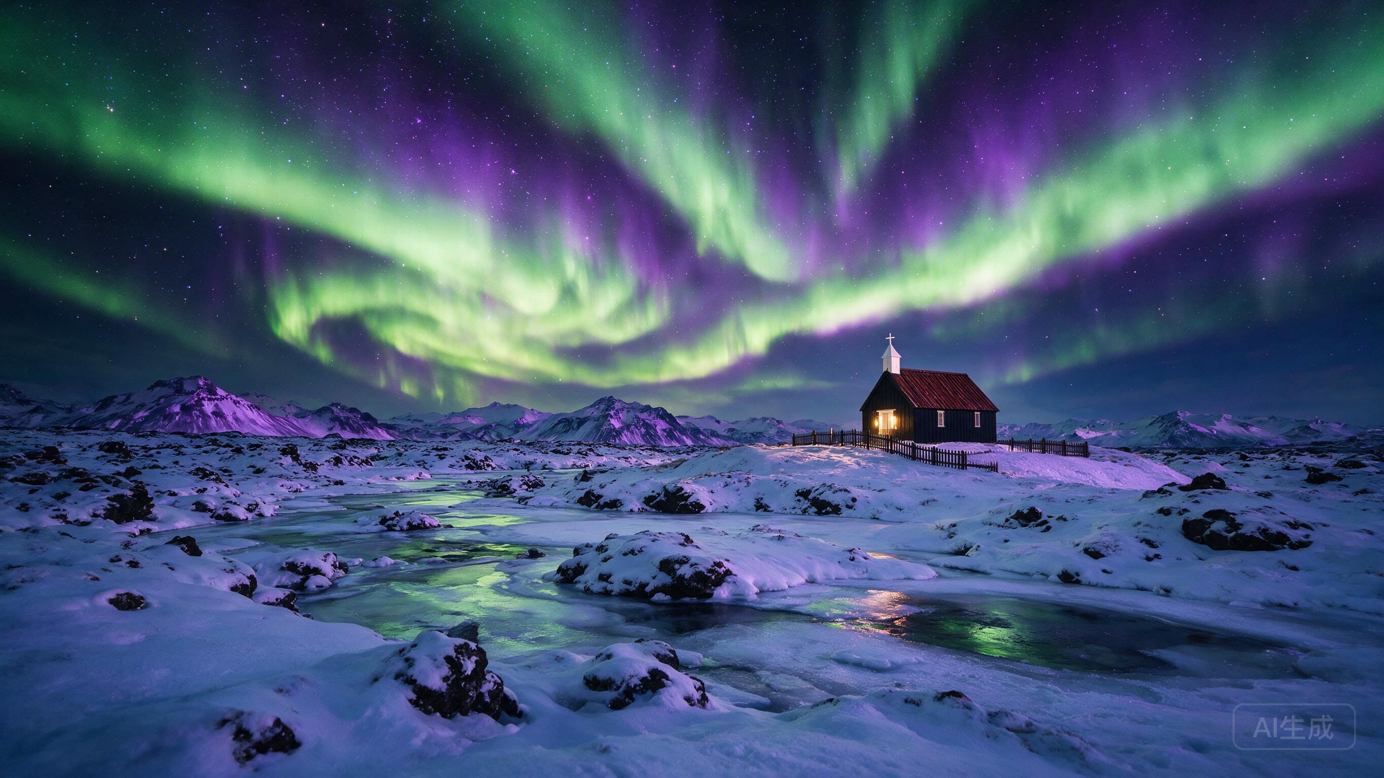 Northern lights over a Icelandic landscape with small church, green and purple aurora, snow-covered ground, starry sky