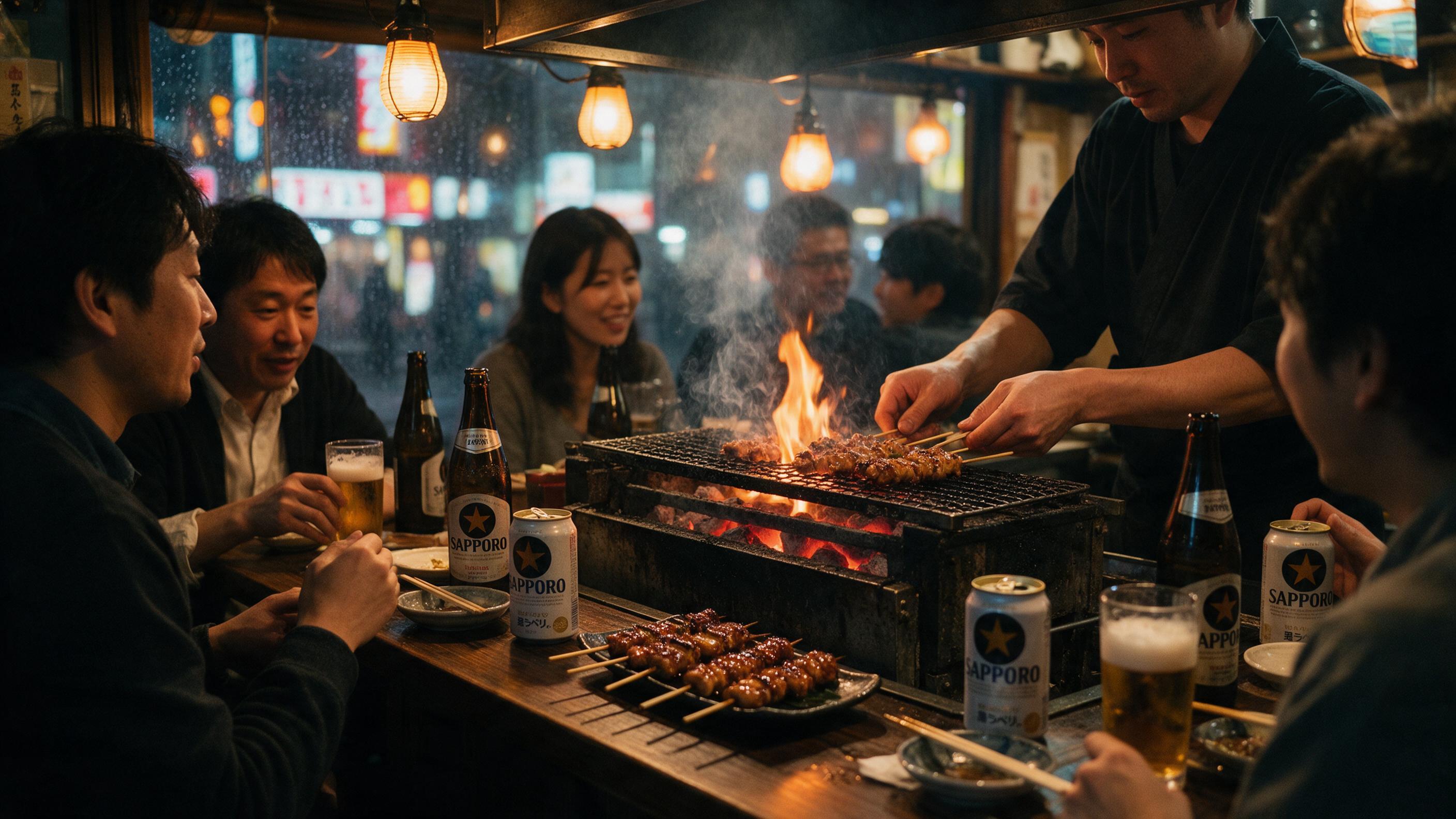 A bustling Tokyo izakaya at night, warm lanterns casting amber glow on wooden counter, chef grilling yakitori over charcoal, smoke curling, patrons chatting over Sapporo beer, neon signs blurred in rainy window, candid street photography, shallow depth of field, natural low light with slight grain