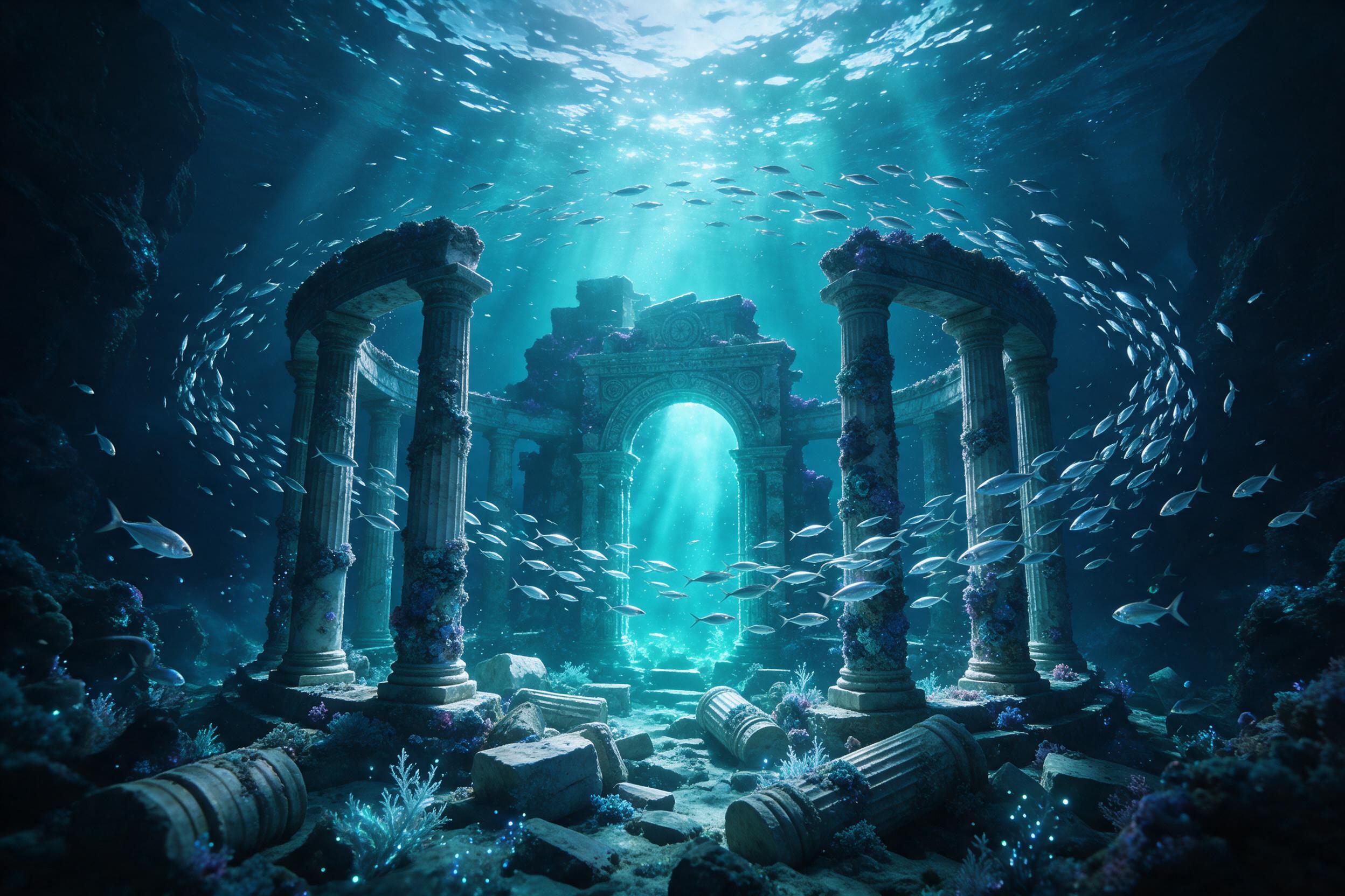 A sunken marble temple in a bioluminescent ocean trench, shafts of turquoise light penetrating from above, coral-encrusted columns, silvery fish swirling in spiral patterns, fine sediment drifting, ethereal and serene atmosphere