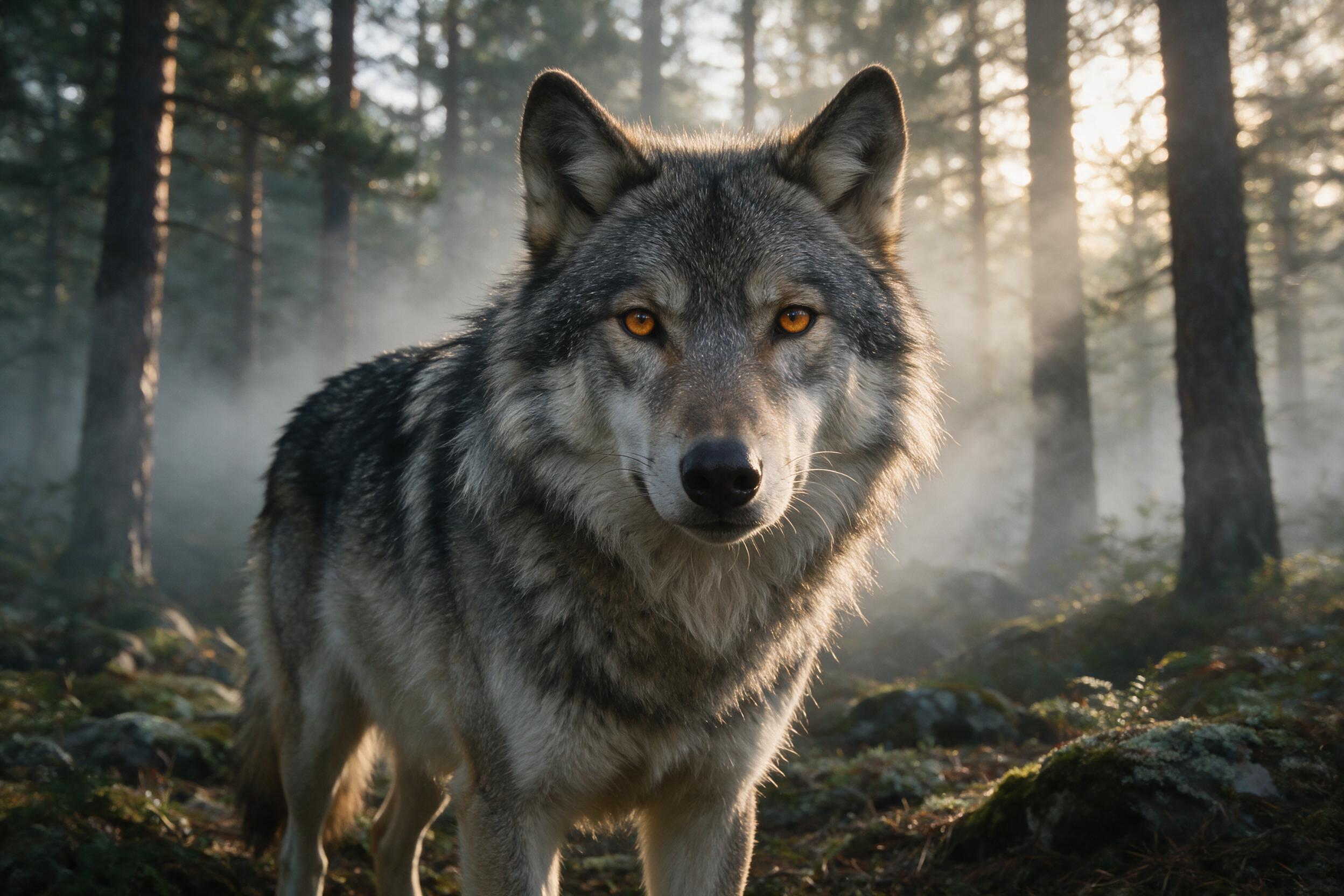 A close-up portrait of a gray wolf with amber eyes, standing in a misty pine forest at dawn, soft golden sunlight filtering through the trees, fur texture visible, natural lighting, slight motion blur in the background, calm and majestic.