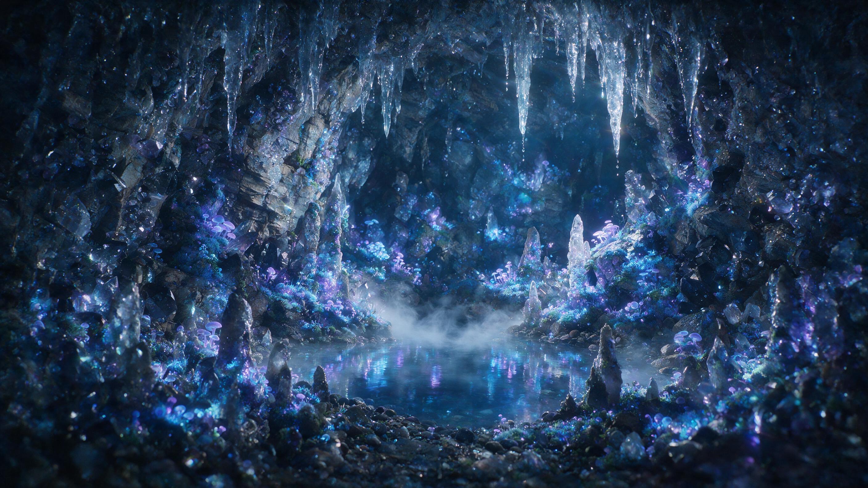 A luminous crystal cave deep underground, bioluminescent moss and fungi glowing in shades of blue and purple, a small pool of water reflecting the ethereal light, stalactites dripping with mineral formations, soft mist rising from the pool, cinematic lighting with a slight lens flare, photorealistic