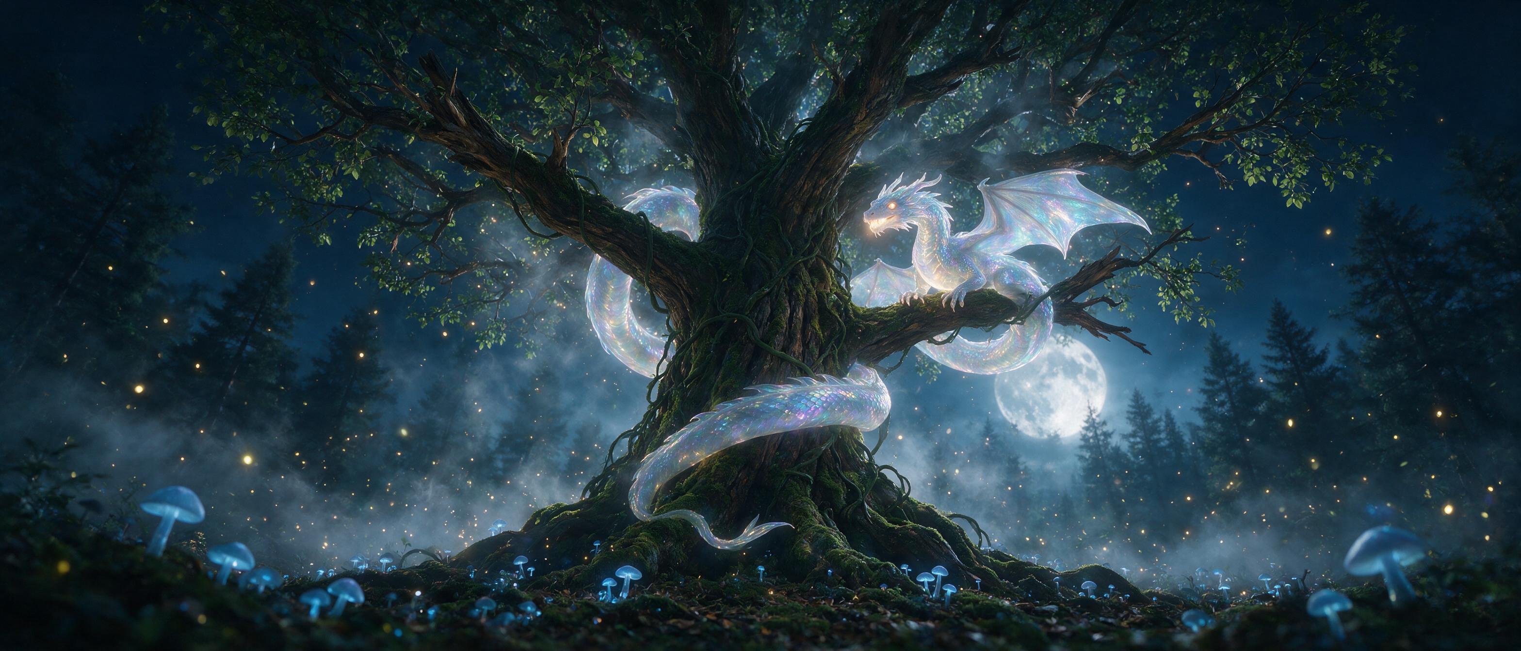 A glowing, translucent dragon with iridescent scales curls around a massive, ancient tree in a moonlit forest. Soft, blue bioluminescent mushrooms dot the ground. Mist swirls, lit by tiny, floating fireflies. Low angle, wide shot, cinematic lighting, ethereal atmosphere.