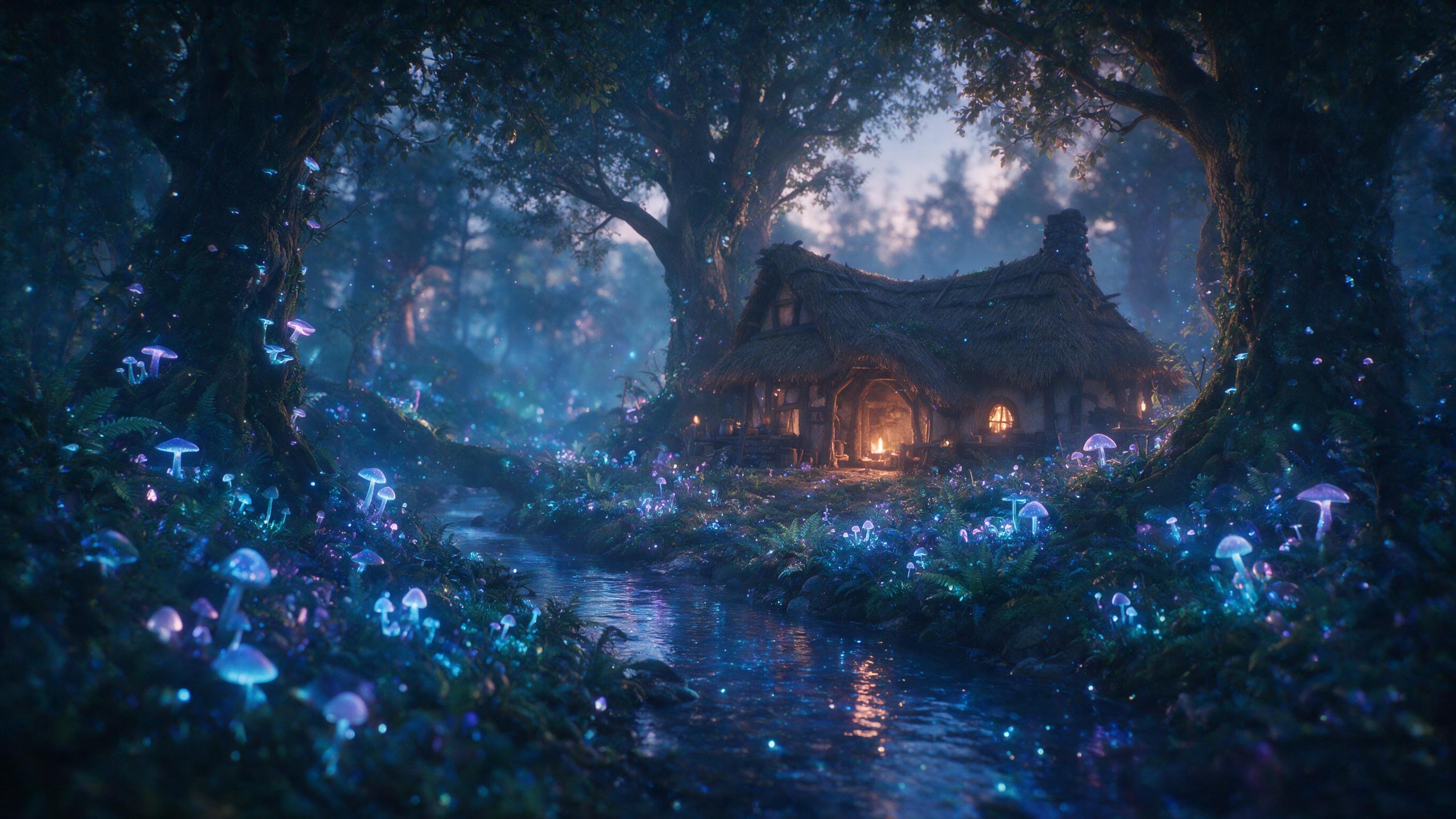 A luminous enchanted forest at twilight, bioluminescent mushrooms and ferns glowing in soft blue and purple hues. A winding stream reflects starlight, with a thatched cottage nestled among ancient trees. Misty atmosphere, shallow depth of field, cinematic lighting with warm firelight spilling from t