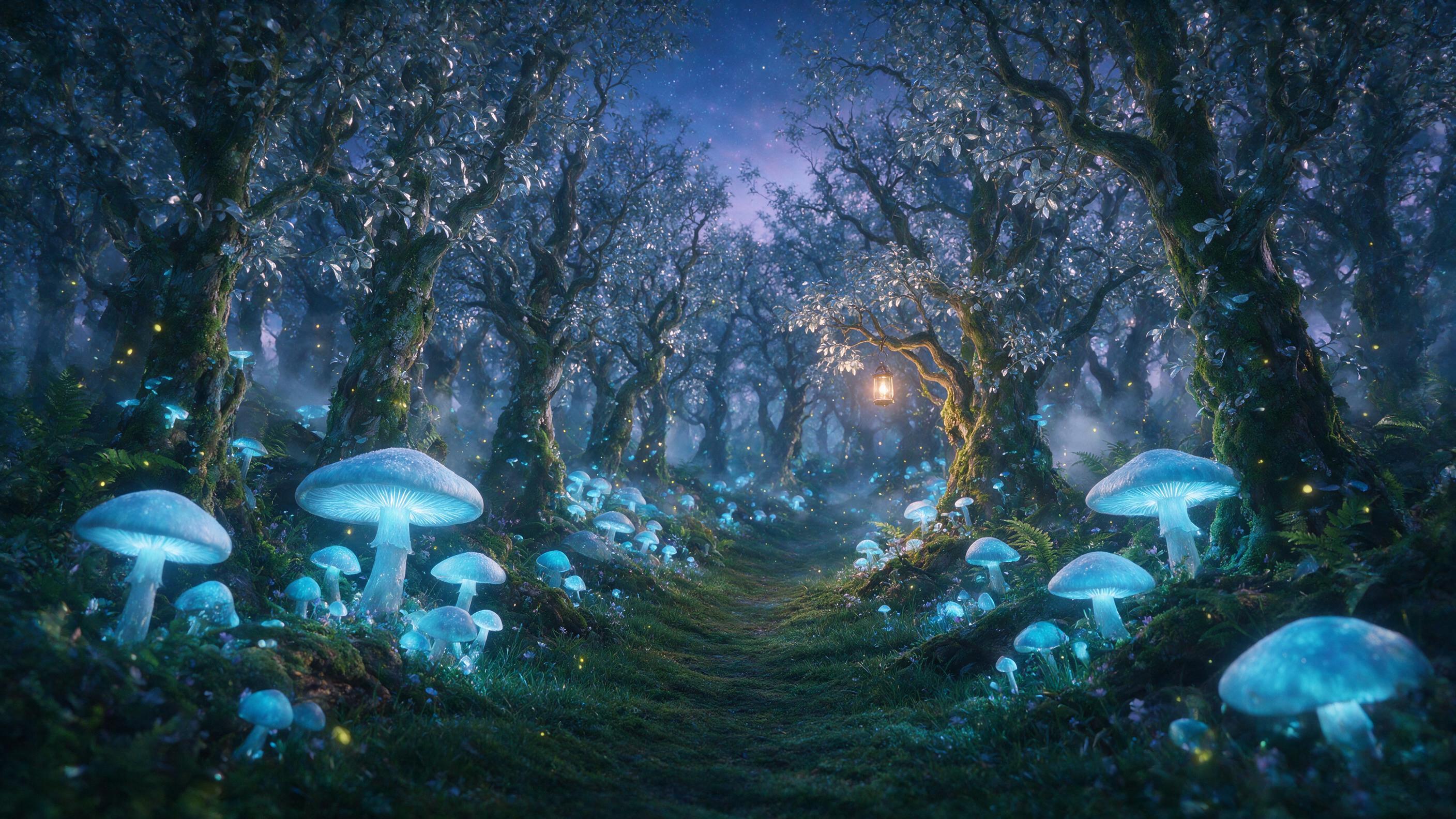 An ethereal forest at twilight, giant glowing mushrooms casting soft blue light onto a winding mossy path, ancient twisted trees with silver leaves, faint mist swirling between trunks, fireflies dotting the air, warm amber tones from a distant lantern, dreamlike and serene, natural lighting with sli