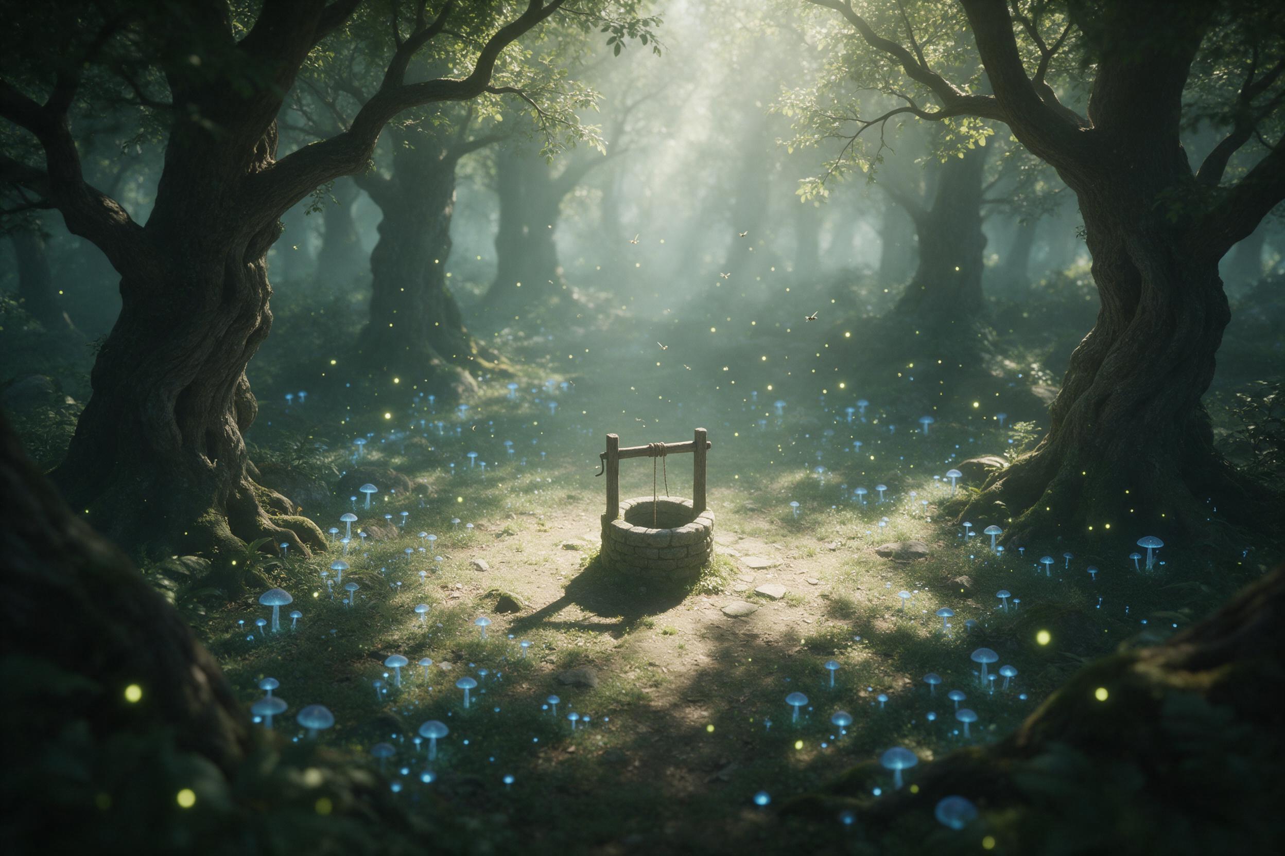 A sunlit misty forest clearing, ancient gnarled trees, glowing blue mushrooms and fireflies floating in the air, a small stone well in the center, soft light rays breaking through canopy, ethereal atmosphere, gentle depth of field, muted green and teal color palette
