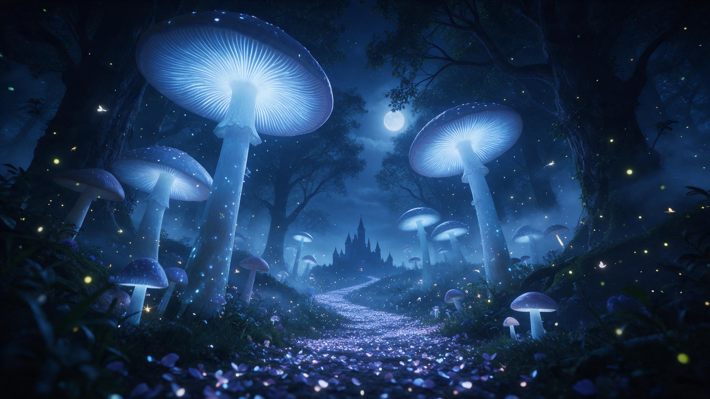 A moonlit enchanted forest with towering luminescent mushrooms casting a soft blue glow, a winding path covered in glowing petals leads to a distant castle silhouette, mist floating between ancient trees, fireflies dancing in the air, ethereal atmosphere, low-angle composition emphasizing the toweri