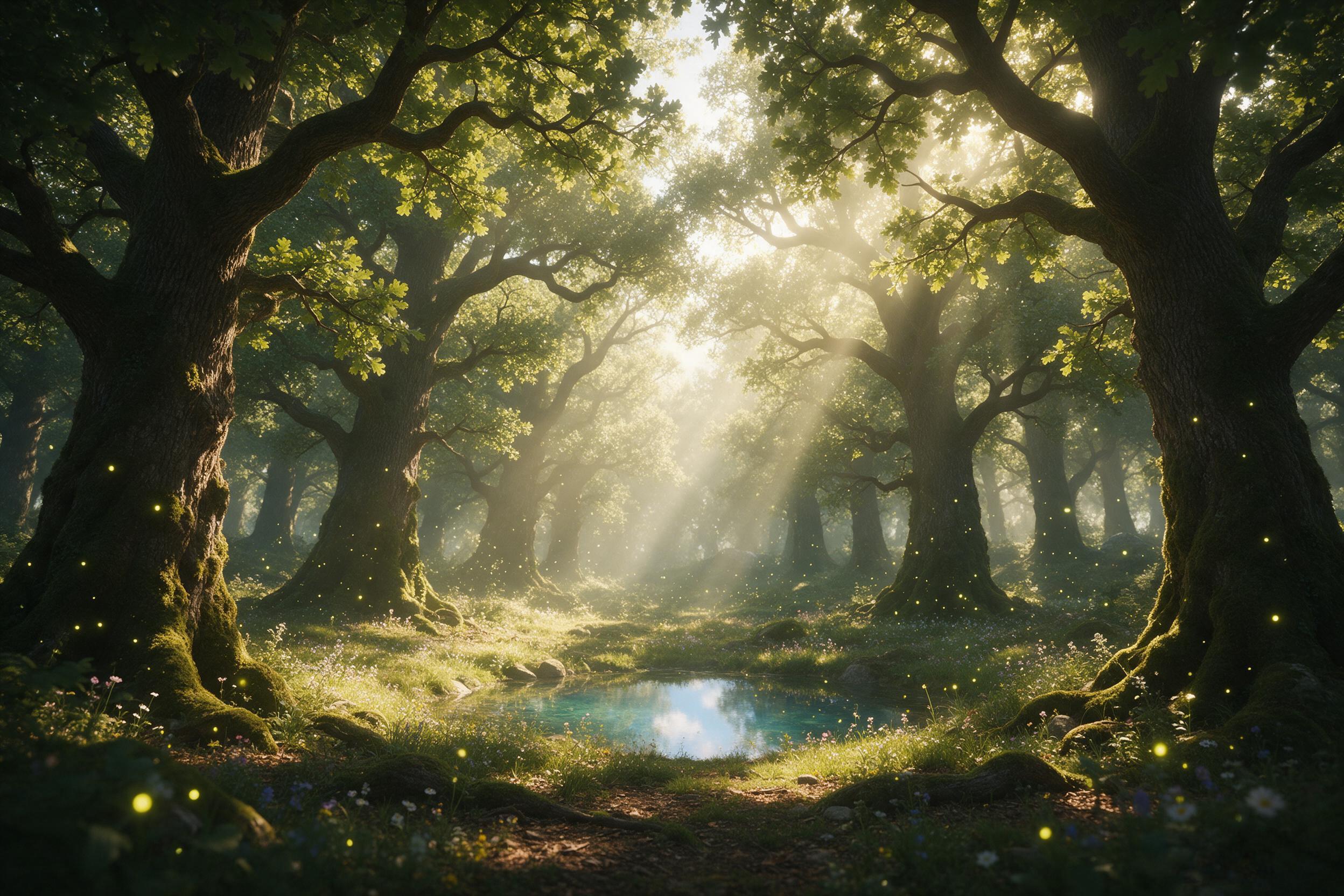 A sunlit ancient forest glade with towering moss-covered oaks, soft golden light rays piercing through the canopy, a small crystal-clear pond reflecting the sky, fireflies drifting in the warm air, delicate wildflowers scattered on the ground, gentle breeze rustling leaves, peaceful and serene atmos