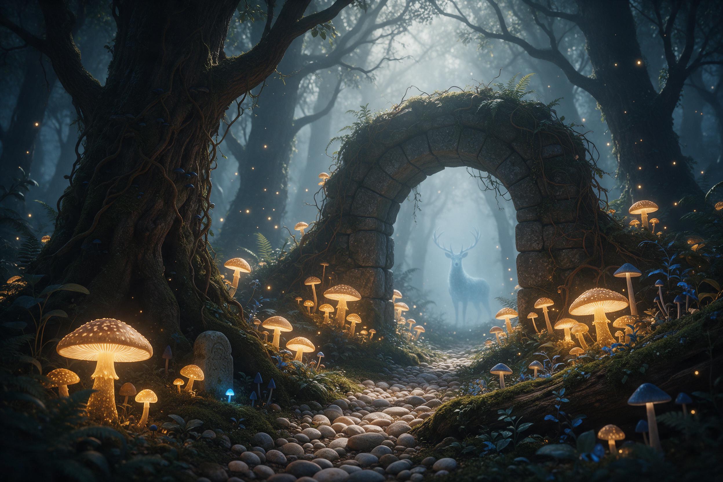 A misty ancient forest at twilight, where giant glowing mushrooms and fireflies light the path to a hidden stone archway. Soft volumetric light beams filter through gnarled branches, with tangled vines and moss. A faint blue silhouette of a deer stands beyond the arch, watching. Intricate detail, at