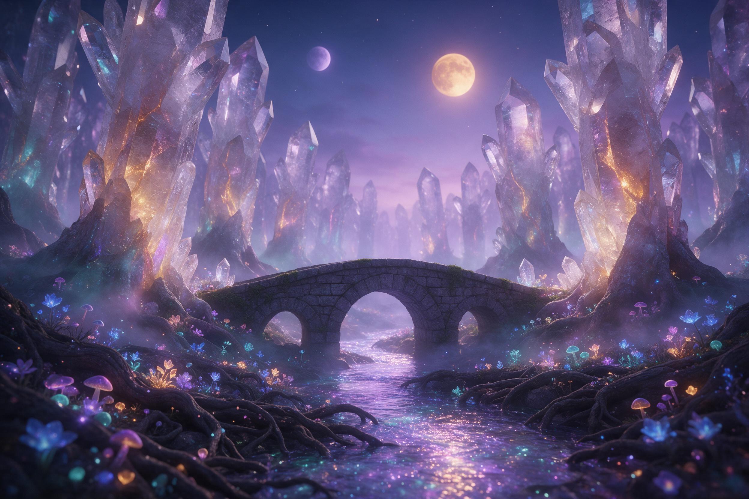 A glowing crystalline forest at twilight, bioluminescent flowers and giant quartz trees casting colorful shadows, ethereal mist between gnarled roots, a small stone bridge over a luminous stream, soft purple and teal ambient light, cinematic composition with layered depth, dreamy atmosphere